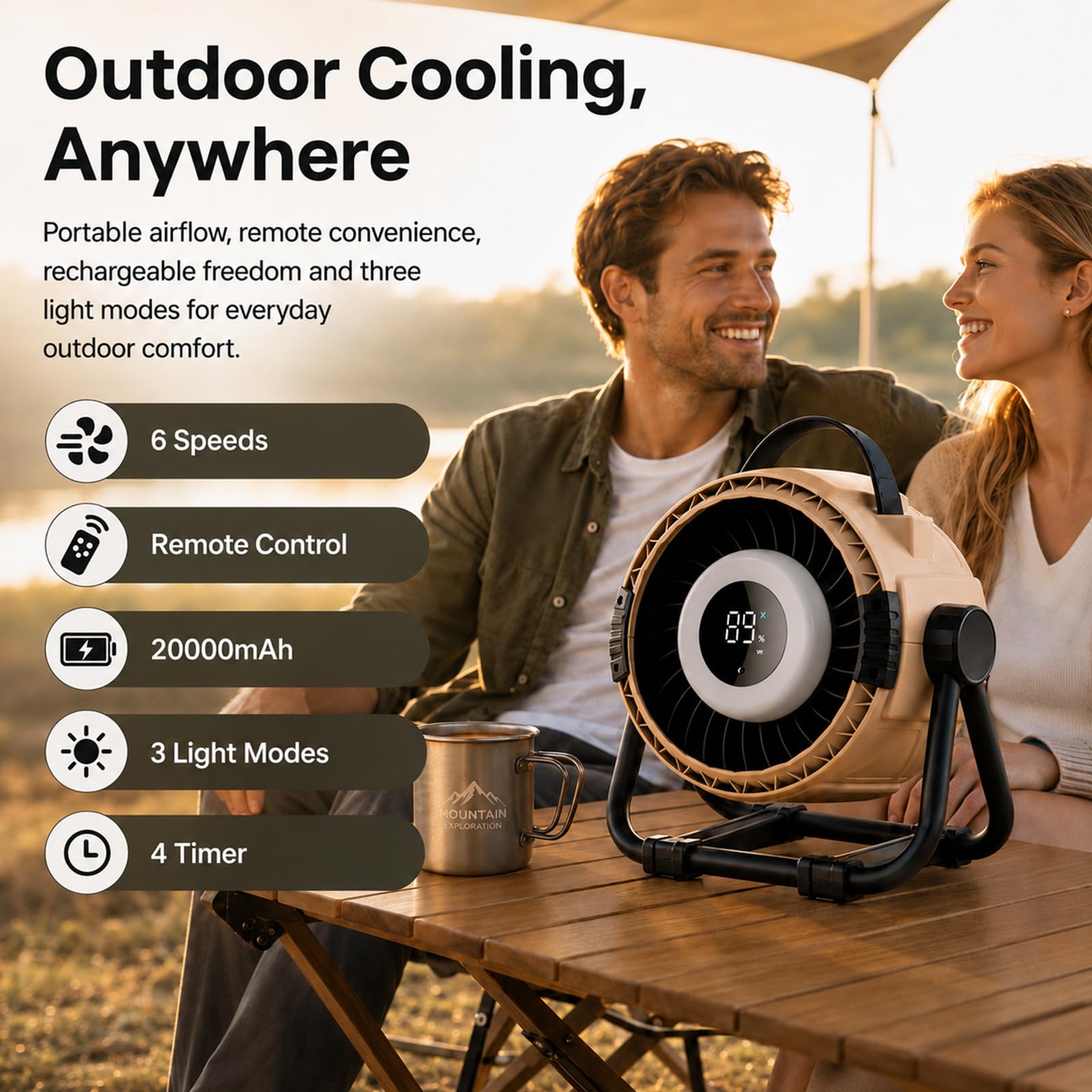 WHATOOK Camping Desk Fan: 20000mAh Rechargeable Long-Lasting with Remote, Desert Tan, 24 x 13 x 24 cm - Image 2