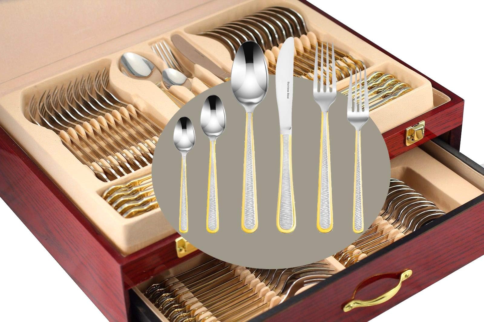 Venezia Collection Gold Flatware Serving Set for 12, 75-Pc Luxury Dining Silverware Cutlery Service, 24 Kt 18/10 Premium Surgical Stainless Steel Hostess Set in a Wooden Storage Case Chest