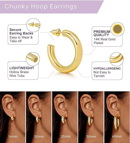 Miniatura 4 de Wowshow - Aretes de aro de oro, chapados en oro de 14 quilates, aretes de aro gruesos pequeños para mujer, joyería ligera, regalos 1420303545MM