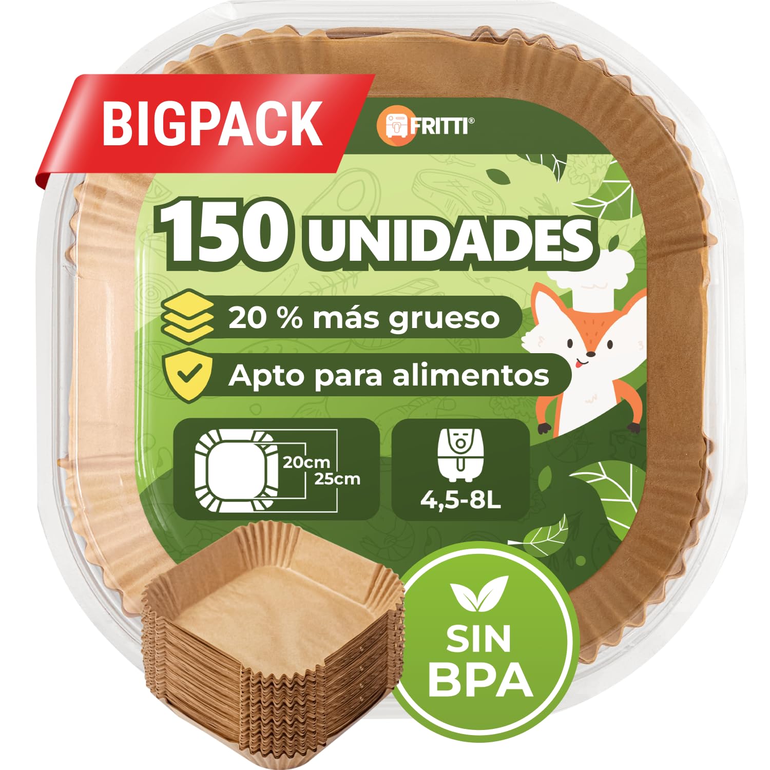 FRITTI Papel Freidora Aire - 150 Piezas Extra Grueso BPA Free - Papel Air Fryer cuadro 20-25cm - Accesorios Freidora de Aire para Fryer 4,5-8L Horno Freidora Aire - bandeja air fryer