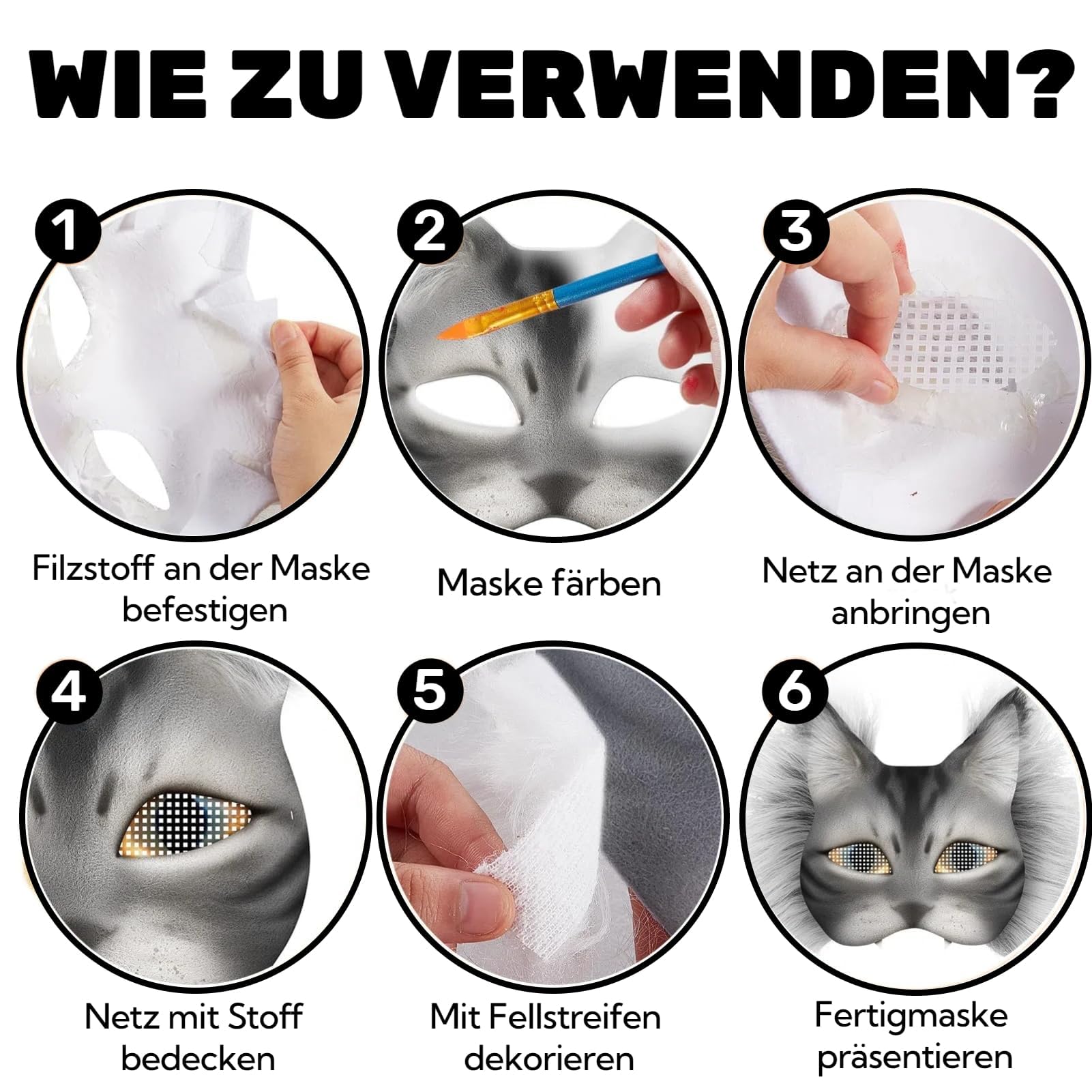 Masque Chat Diy Therian Ensemble, 6 Masque Halloween, Masque Bal Masqué, MatéRiau Papier, Livré Avec De La Fausse Fourrure,De La Maille Et Du Feutre Convient Pour Halloween,Mascarade,Jeu De RôLe