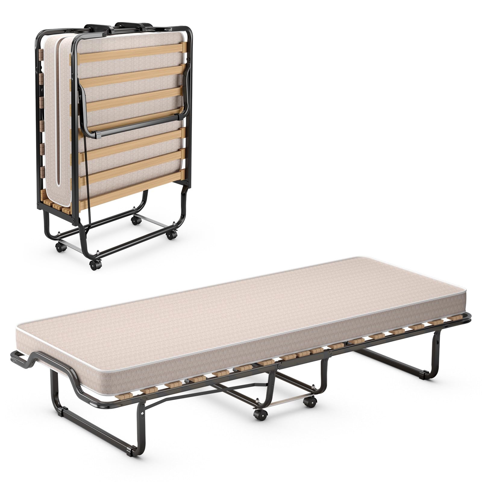 COSTWAY Gästebett klappbar 90x200 cm, Klappbett Erwachsene mit Matratze aus Rückstellschaum, Einzelbett mit 4 Rollen & Stabiler Metallrahmen, Reisebett für Camping & Gästezimmer (Beige)