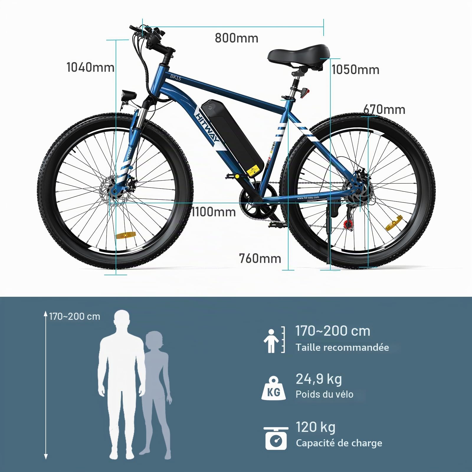 HITWAY Vélo Électrique, 26 * 3.0/4.0 Pouces VTT Électrique avec Batterie au Lithium Amovible 48V15Ah, Ville E-Bike avec 7 Vitesses, Moteur 250Wh, Autonomie 45-80km pour Adulte