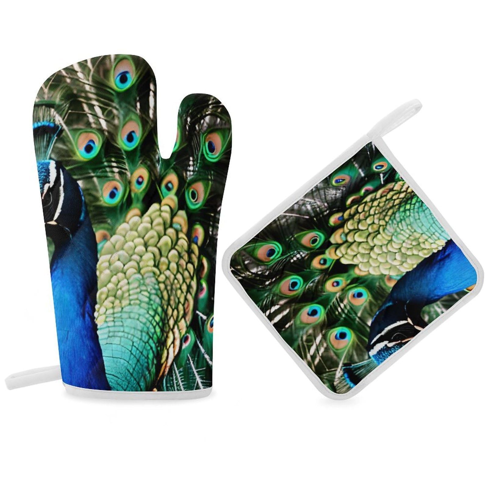 Peacock Oven Mitt Thick Substantial Heat Insulation Gloves Soft Skin-Friendly Temperature Resistant Oven Mitts for Cooking Lover Cooks