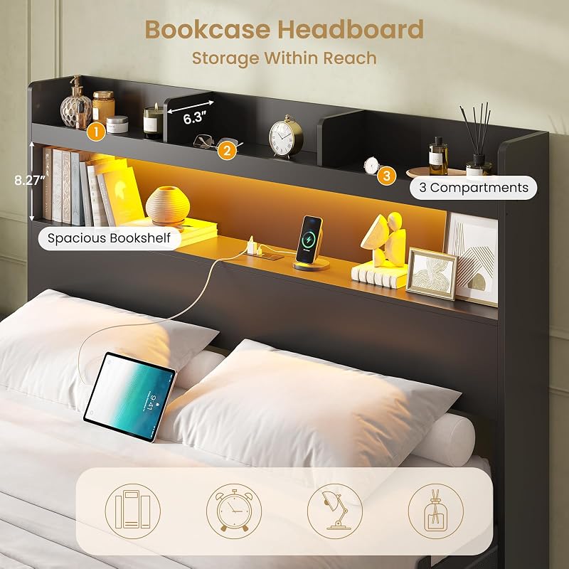 DICTAC Full Bed Frame with Storage Headboard & 5 Drawers, LED Bed Frame Full Size with Charging Station, Wooden Platform Storage Bed with Heavy-Duty Metal Support, No Box Spring Required, Noise-Free image 3