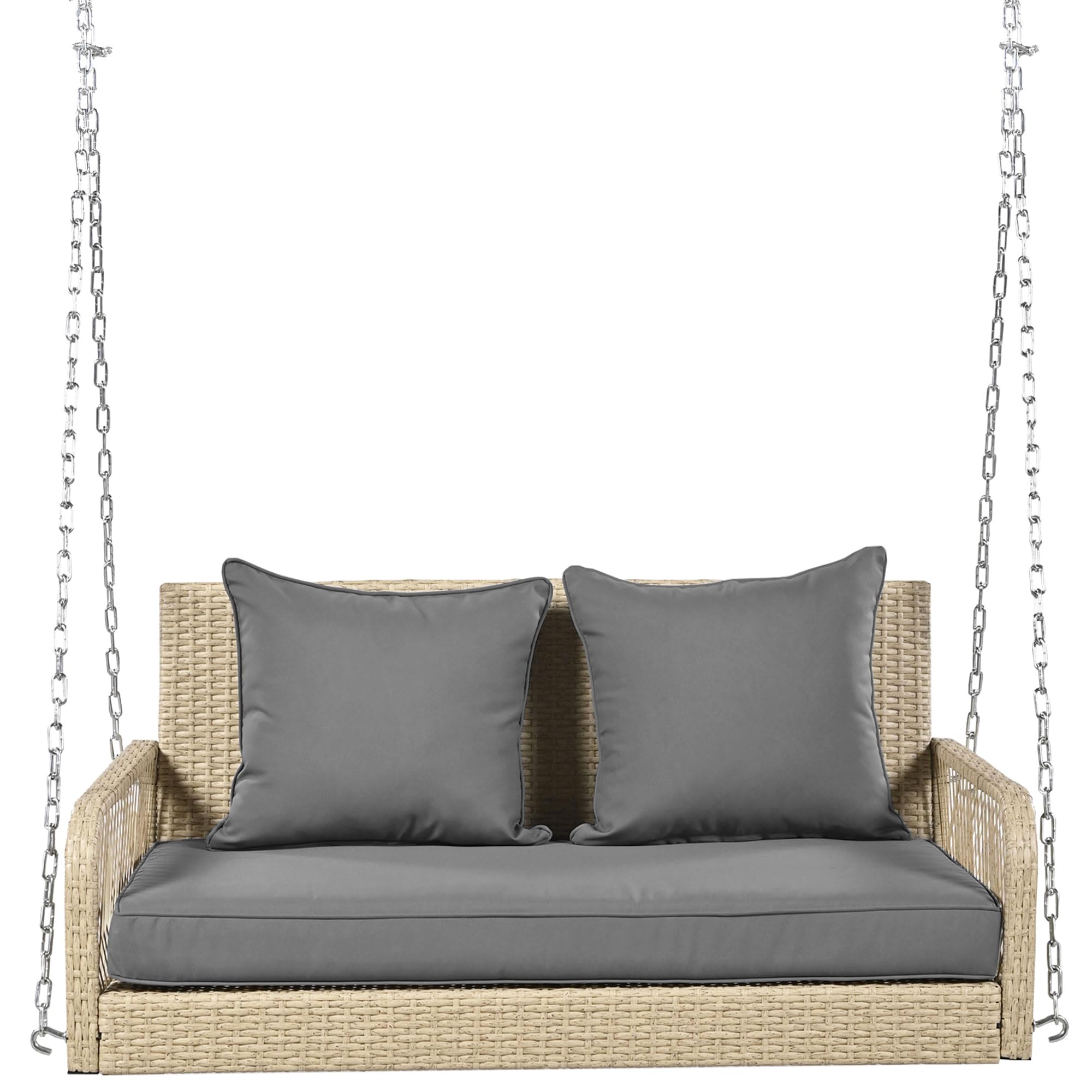 Columpio de jardín, columpio de jardín, juego de muebles de jardín para exteriores, ratán beige, cojín de asiento gris, 2 asientos, con cojín de asiento y cojín de respaldo, extraíble y