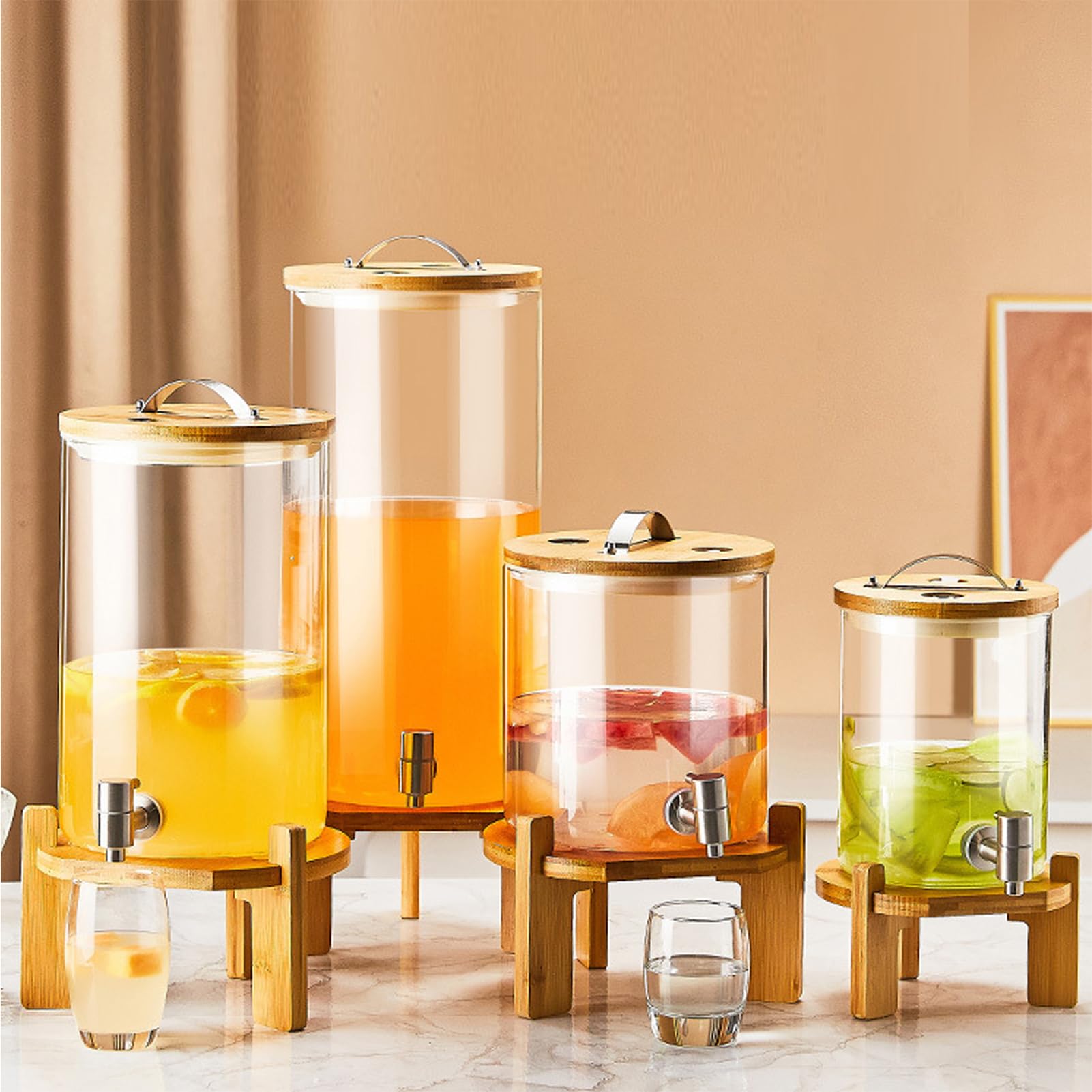 Grande dispenser per bevande in vetro con rubinetto e supporto in legno, capacità 11 l, dispenser per bevande calde e fredde per feste, bar, ristoranti