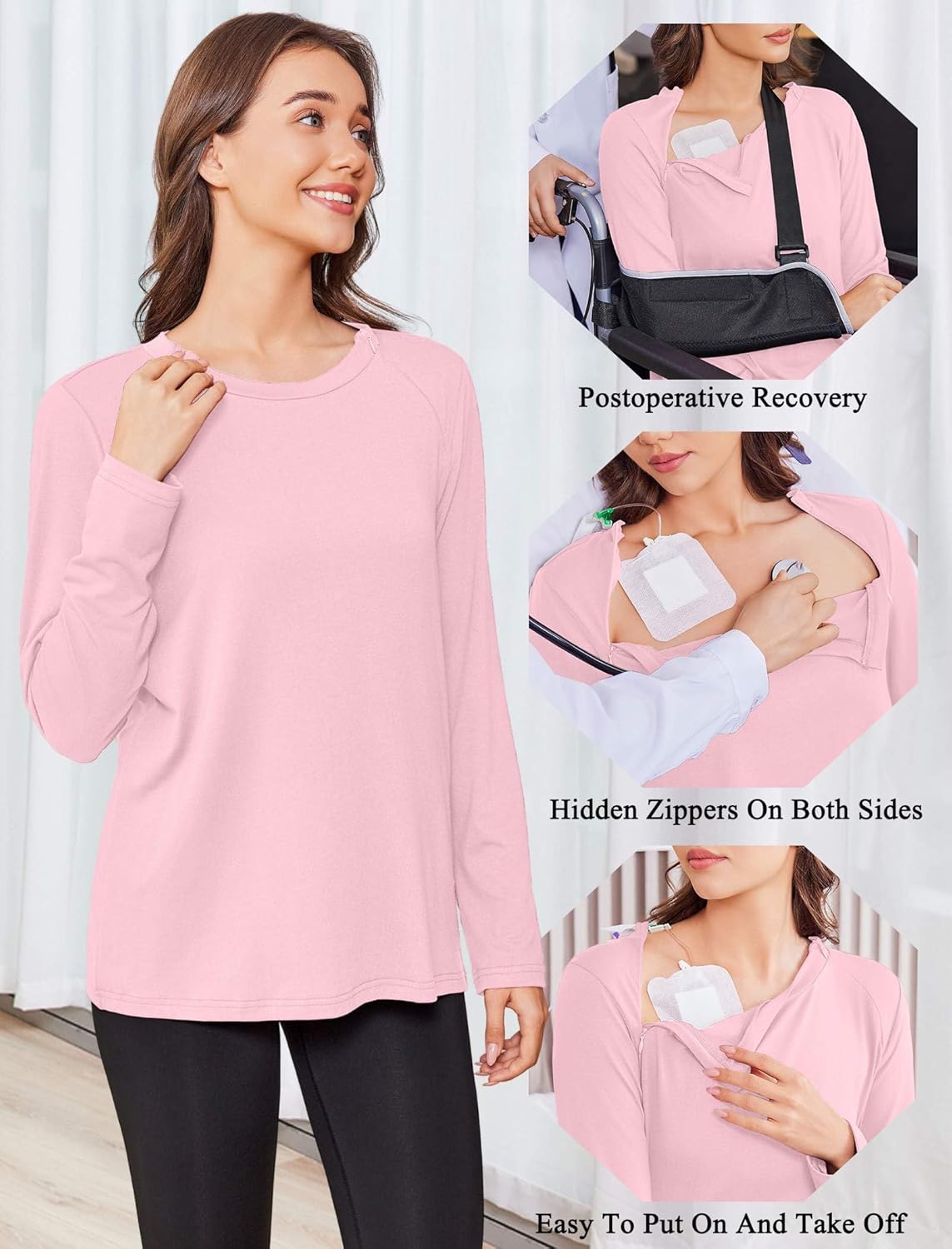 Deyeek Chemo Shirts for Women with Dialysis Port Access 2 Side Zippers Long Sleeve Shoulder Post Surgery Shirt - Image 4