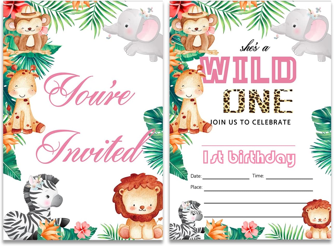 Jungle Animals First Birthday Party Invitations FillIn Set of 20 with