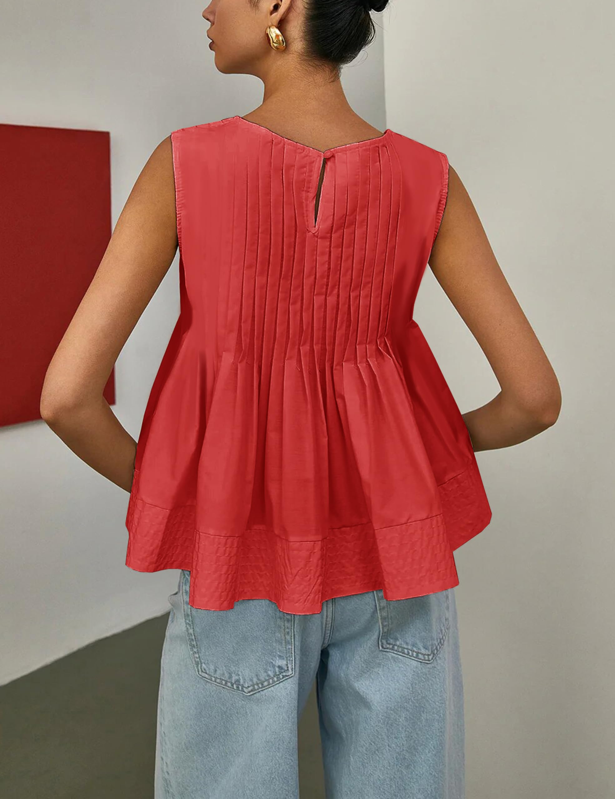 Camiseta de verano para mujer, plisada, estilo babydoll, sin mangas, estilo peplum, estilo casual