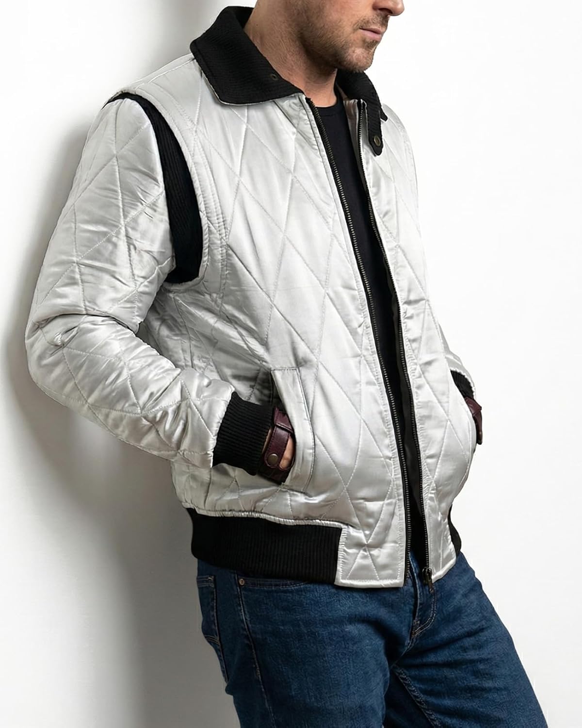 Men's Drive Ryan Gosling Satin White Golden Embroidered Scorpion Quilted Lightweight Warm Windbreaker Bomber Jacket