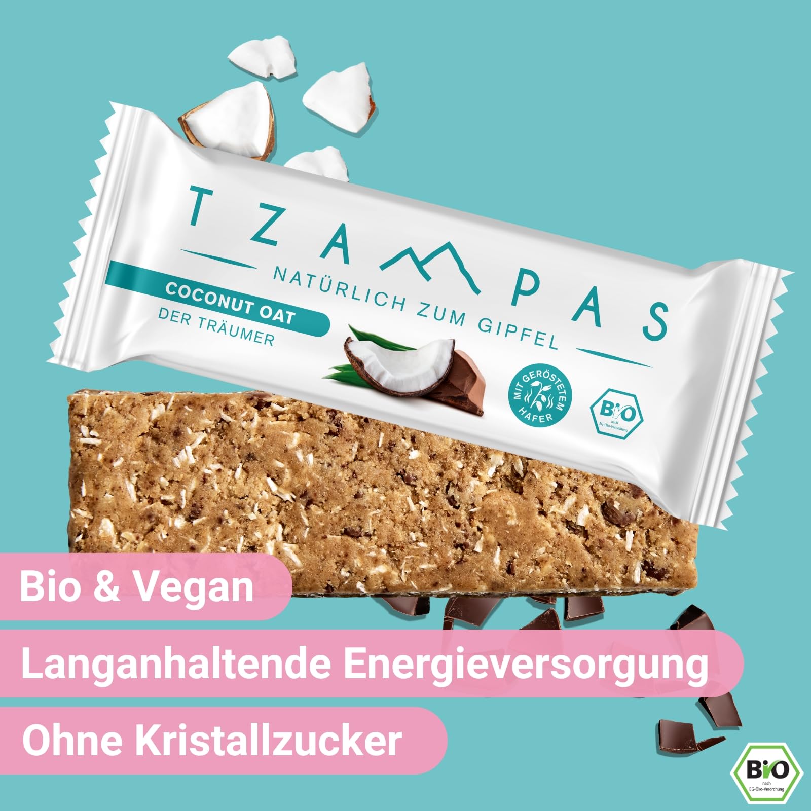 TZAMPAS Energieriegel Bio · Riegel mit Kokos & Hafer · Ideal für Sport & Fitness · Vegan, Clean Eating · 16 x 40g