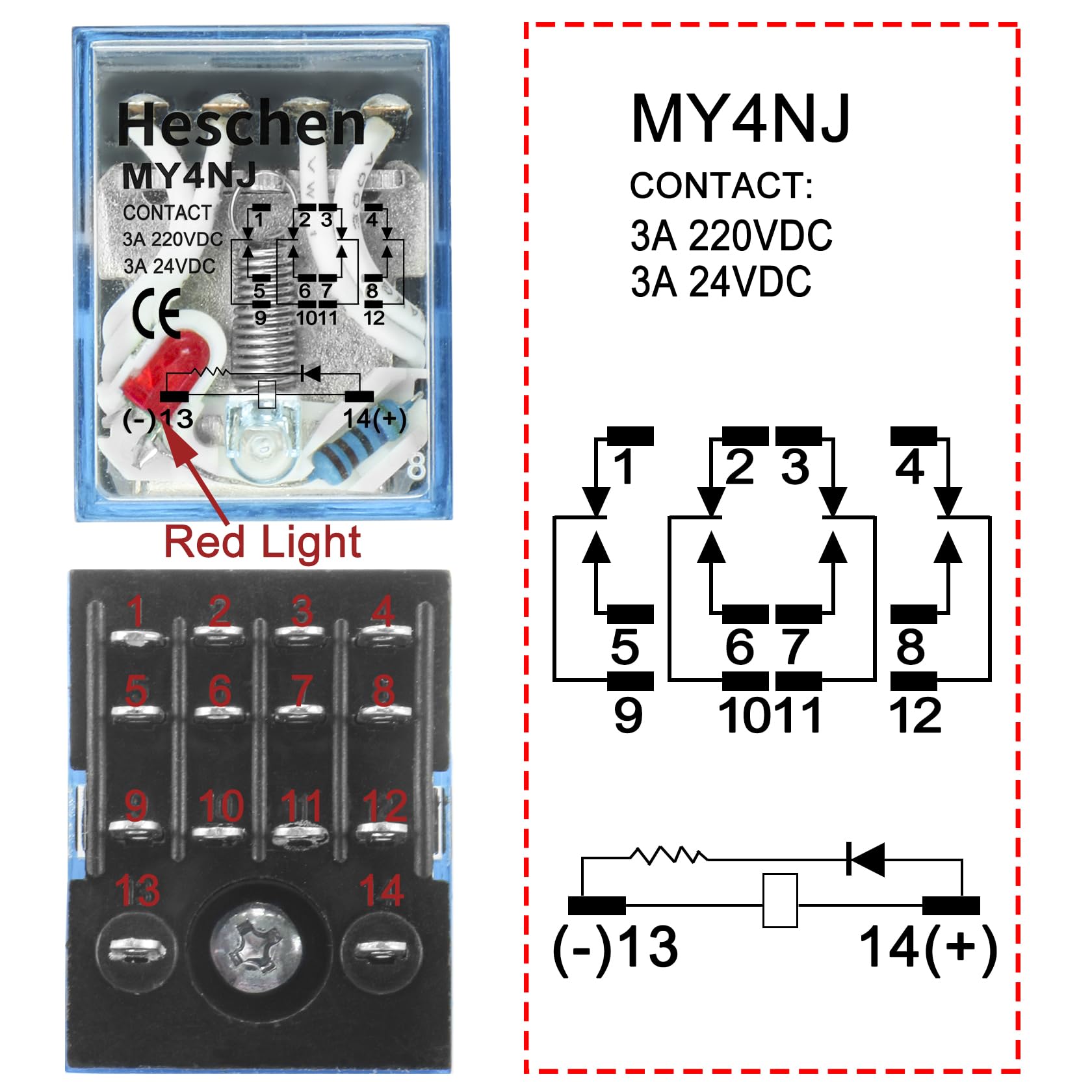 Heschen Leistungsrelais MY4NJ – 12 V AC, 4 Wechsler, 3 A / 220 V AC, Mit LED-Anzeige, 14-polig, Für Hausgeräte & Automatisierung