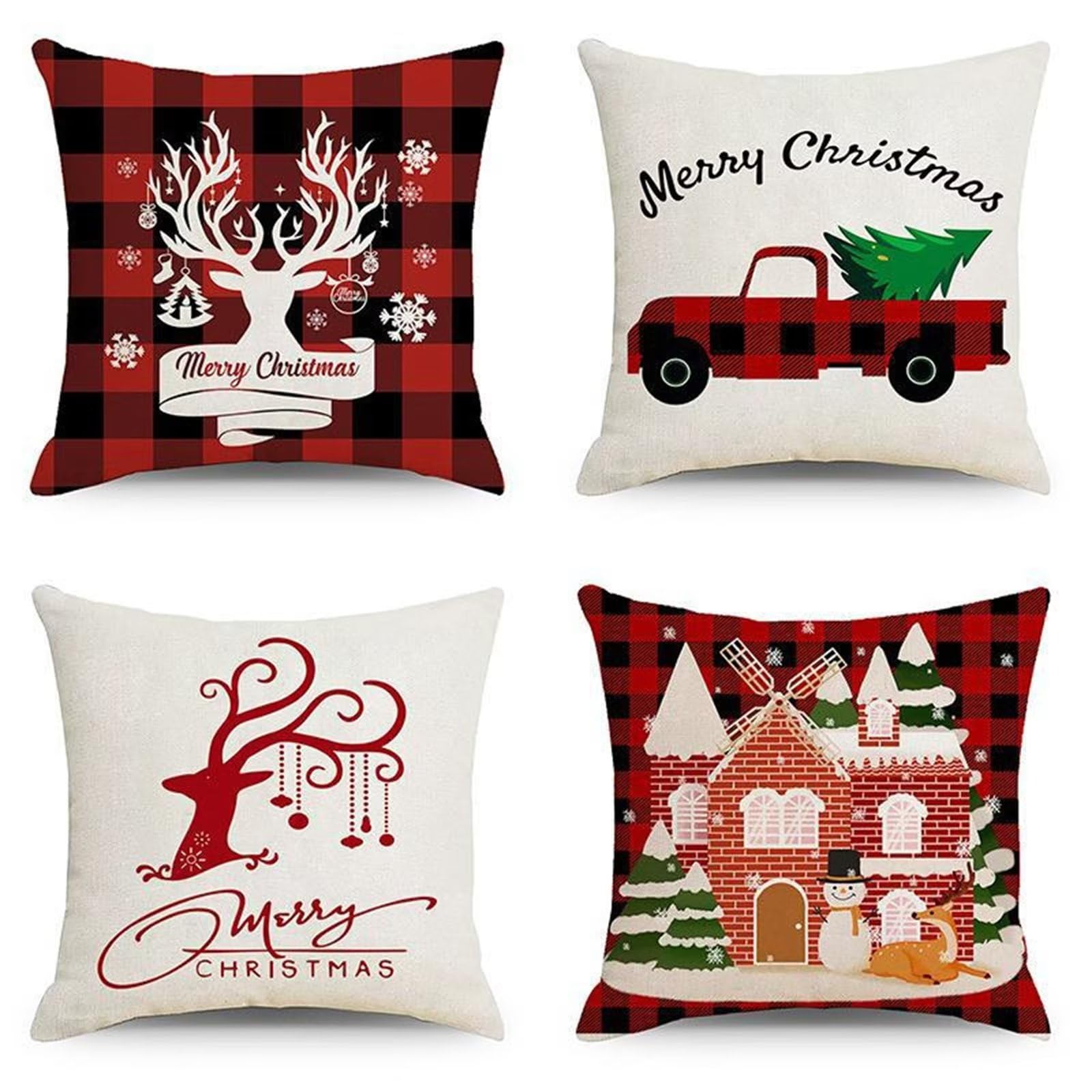 Natale Fodere per Cuscini 60x60cm 4 Pezzi Casa di Natale Cuscini Caso Federa, Copricuscini Natalizi, Invernale Natalizie Divano Decorativi di Natale per Divano Soggiorno Auto Natalizie Decor