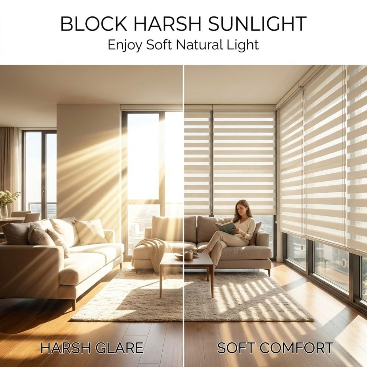Store Double Enrouleur Jour Nuit avec Perçage et Tissu Anti Chaleur | Store Zébré pour Balcon ou Porte, Rideau Tamisant, Protection Soleil, Naturel, 33x213 cm, 41x213 cm(Blanc,W30cmxH122cm)