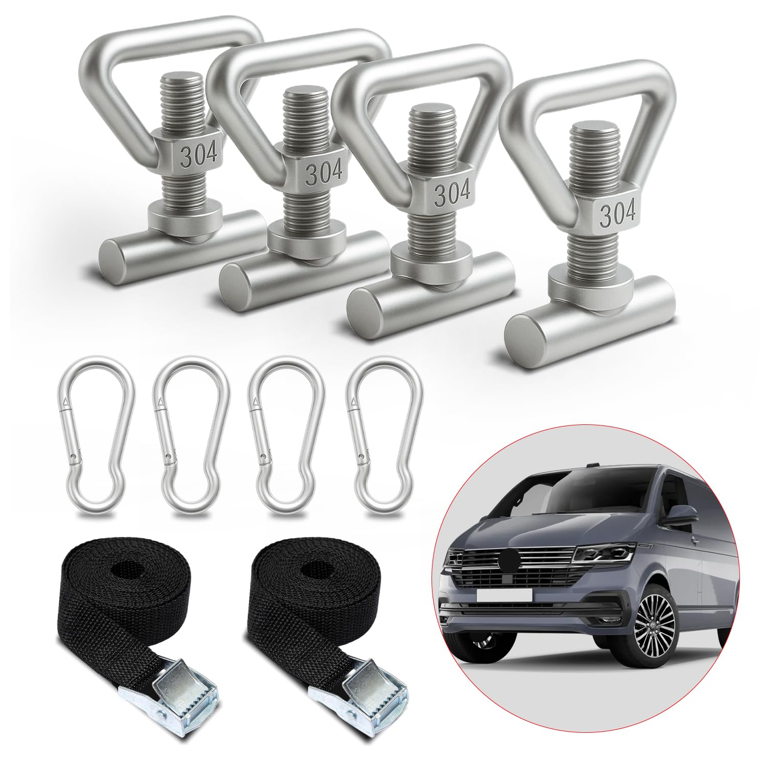 Zestaw mocujący ze stali nierdzewnej z oczkami do T5/T6/T6.1, pasuje do VW Multivan, California, Caravelle, łącznie z karabińczykiem i paskami do mocowania bagażu na szynach.