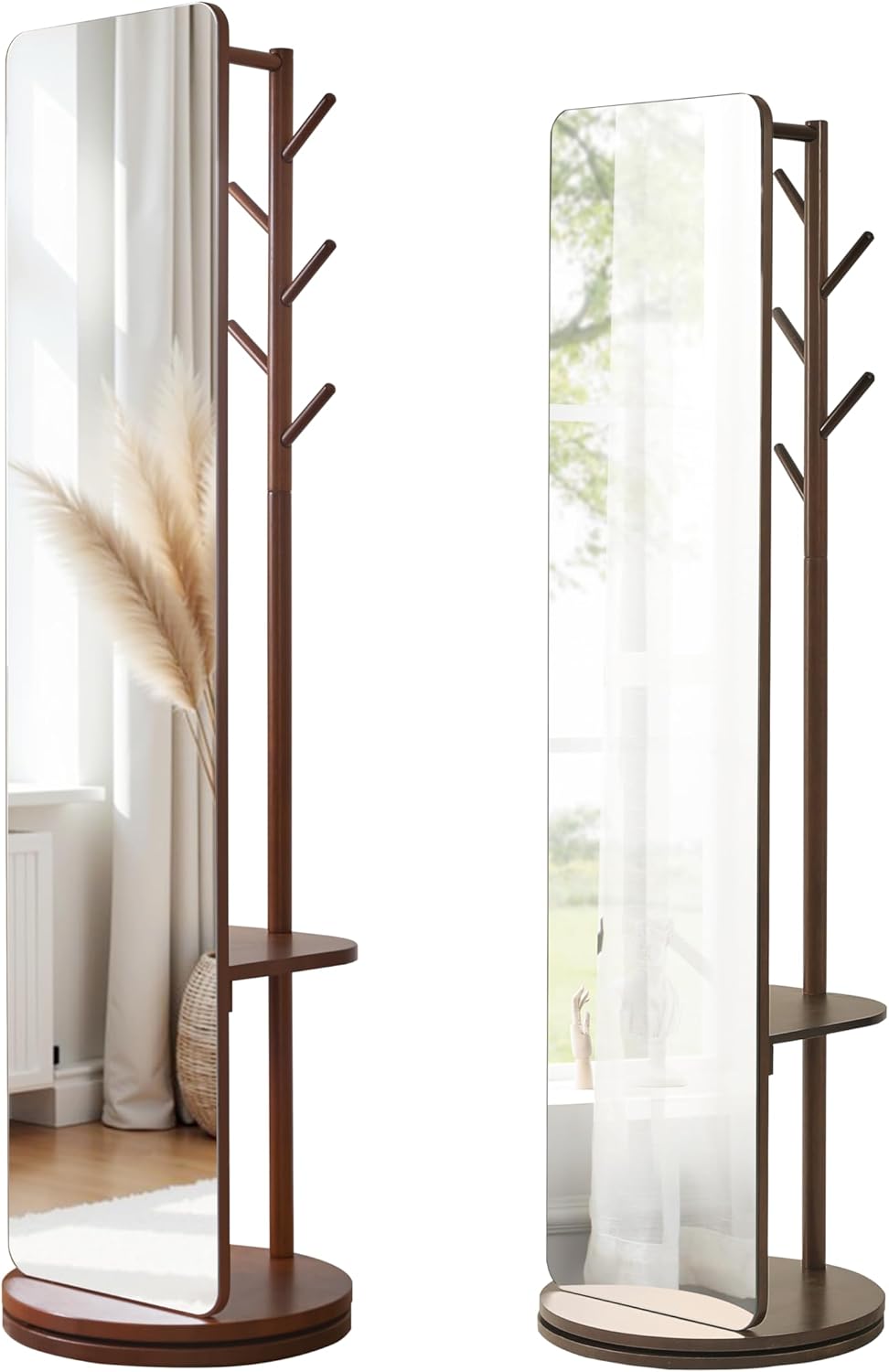 WoodsWhisper Full Length Mirror Coat Rack Solid Wood Floor Mirror 70"x19"Full Length Mirror with Stand,Living Room (Deep Walnut, 66" Lx12 W),Cloakroom
