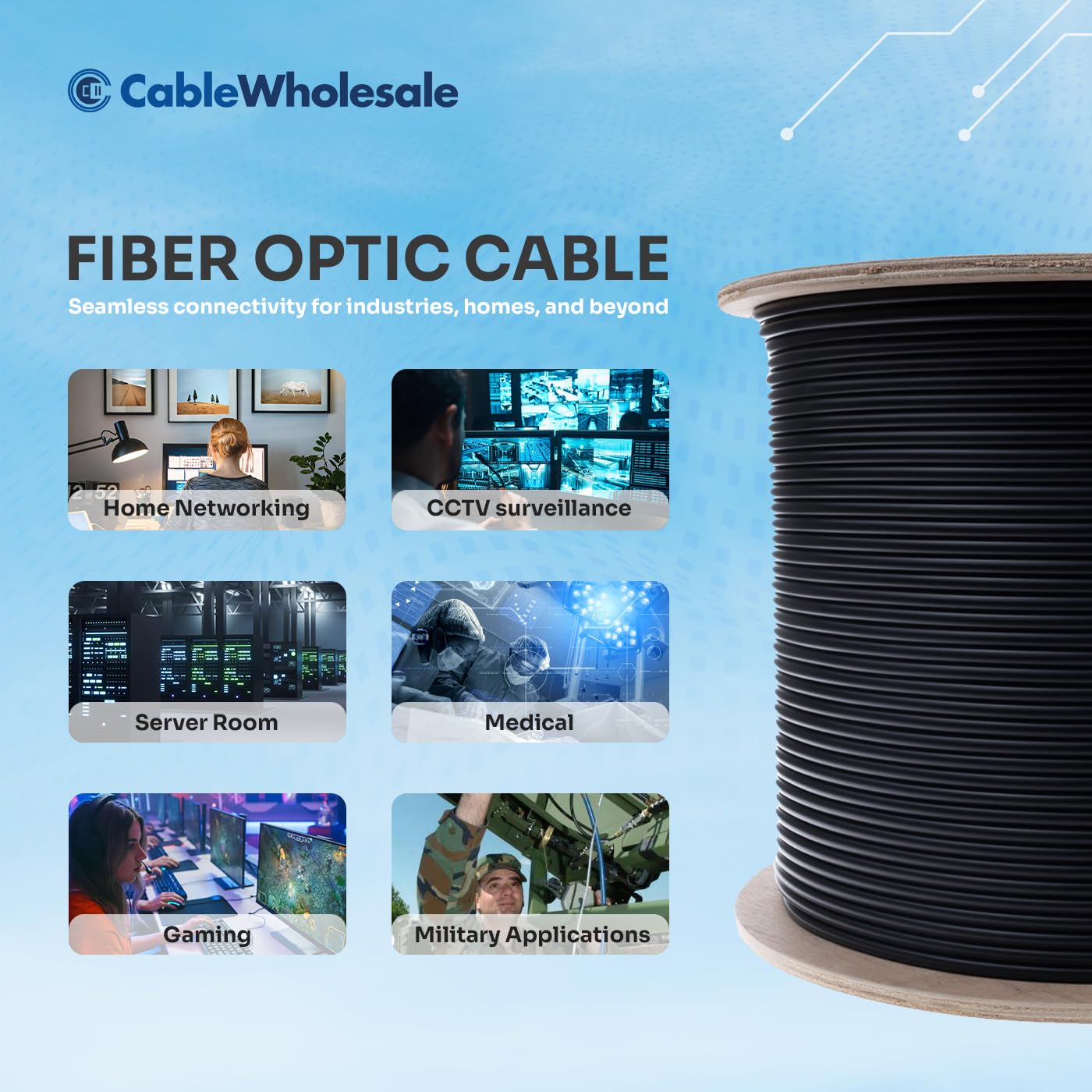CableWholesale 24-Strand Fiber Optic Cable, Indoor/Outdoor OS2 9/125 Singlemode, Corning SMF-28 Ultra, Black, Riser Rated, 1000ft Spool