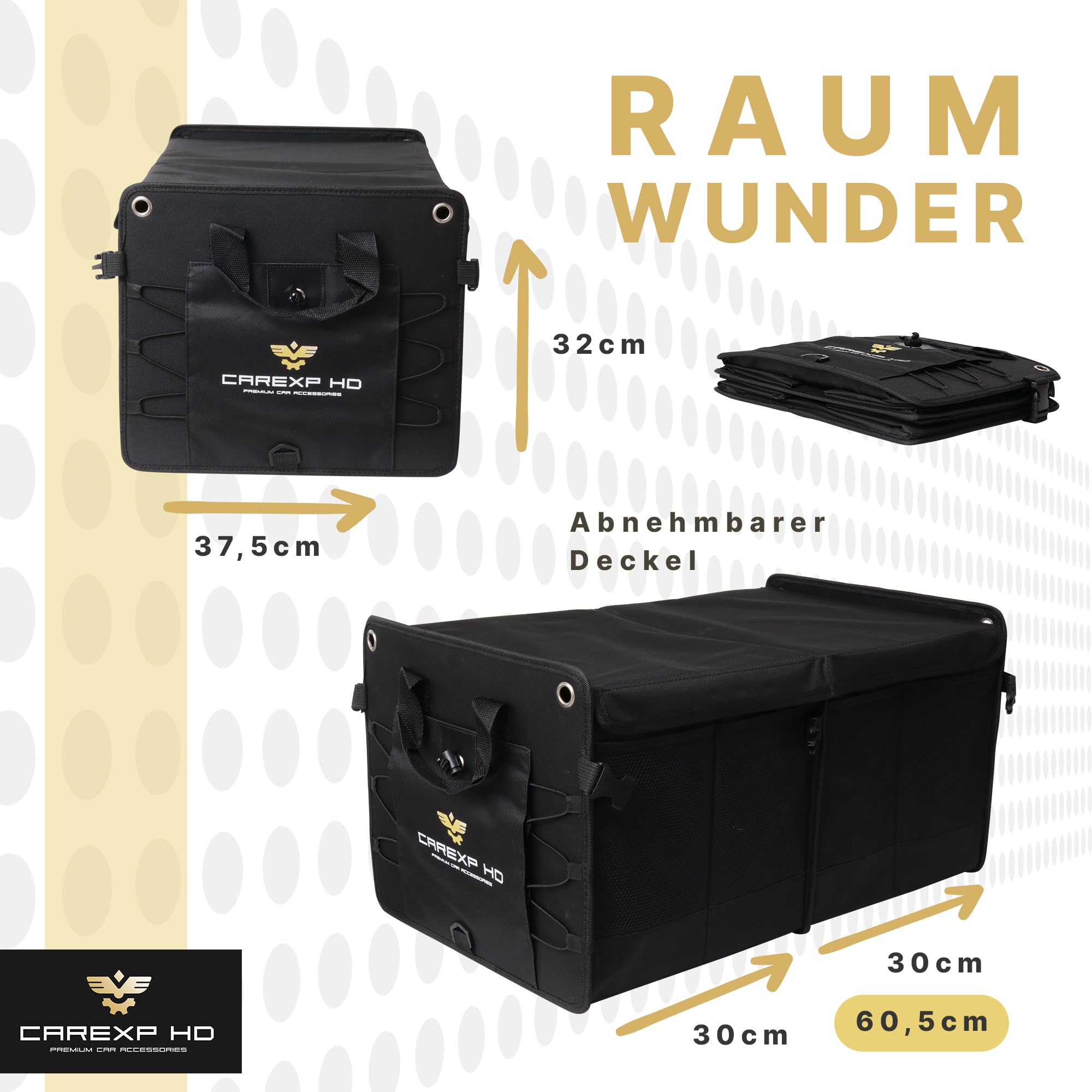 Organizador de maletero con tapa – Bolsa plegable para maletero como práctico organizador de coche, incluye compartimentos laterales, compartimentos interiores y asas de transporte