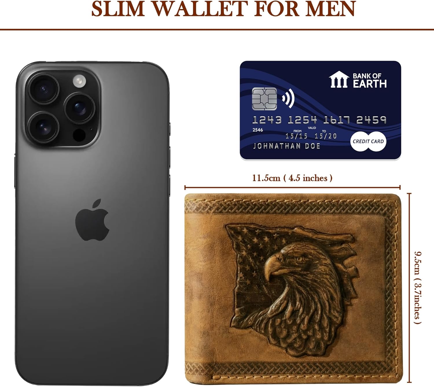 American Flag Leather Wallet for Men - 3D Embossed USA Bald Eagle Bifold, Vintage Tan RFID Blocking Slim Card Holder with 9 Slots & 2 ID Windows
