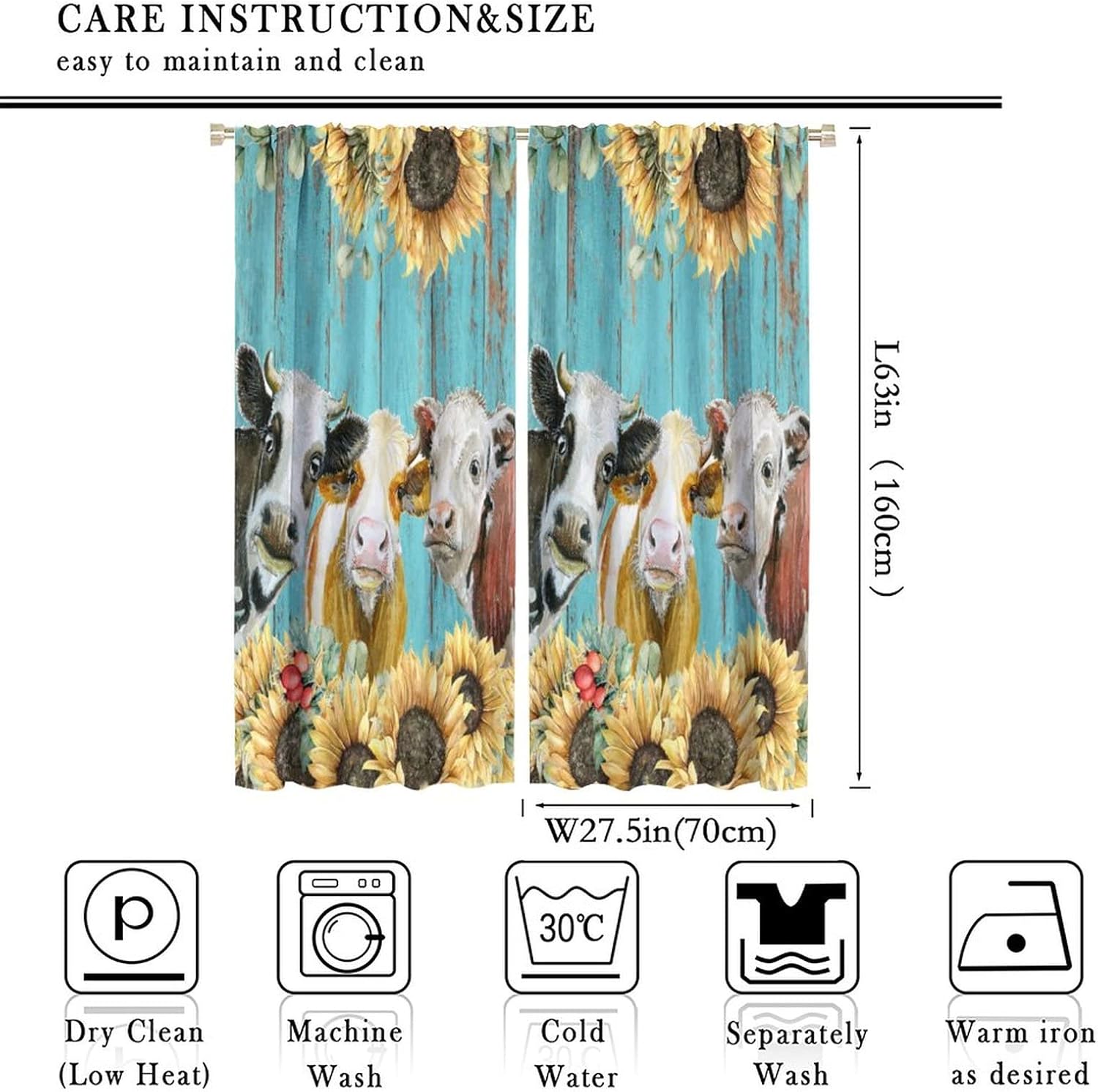 Farm Animal Cow Curtains， Country Western Wildlife Sunflower Print Window for Bedroom Retro Blue Wood Rod Pocket 2 Panel Sets, 55x63 Inch Decor