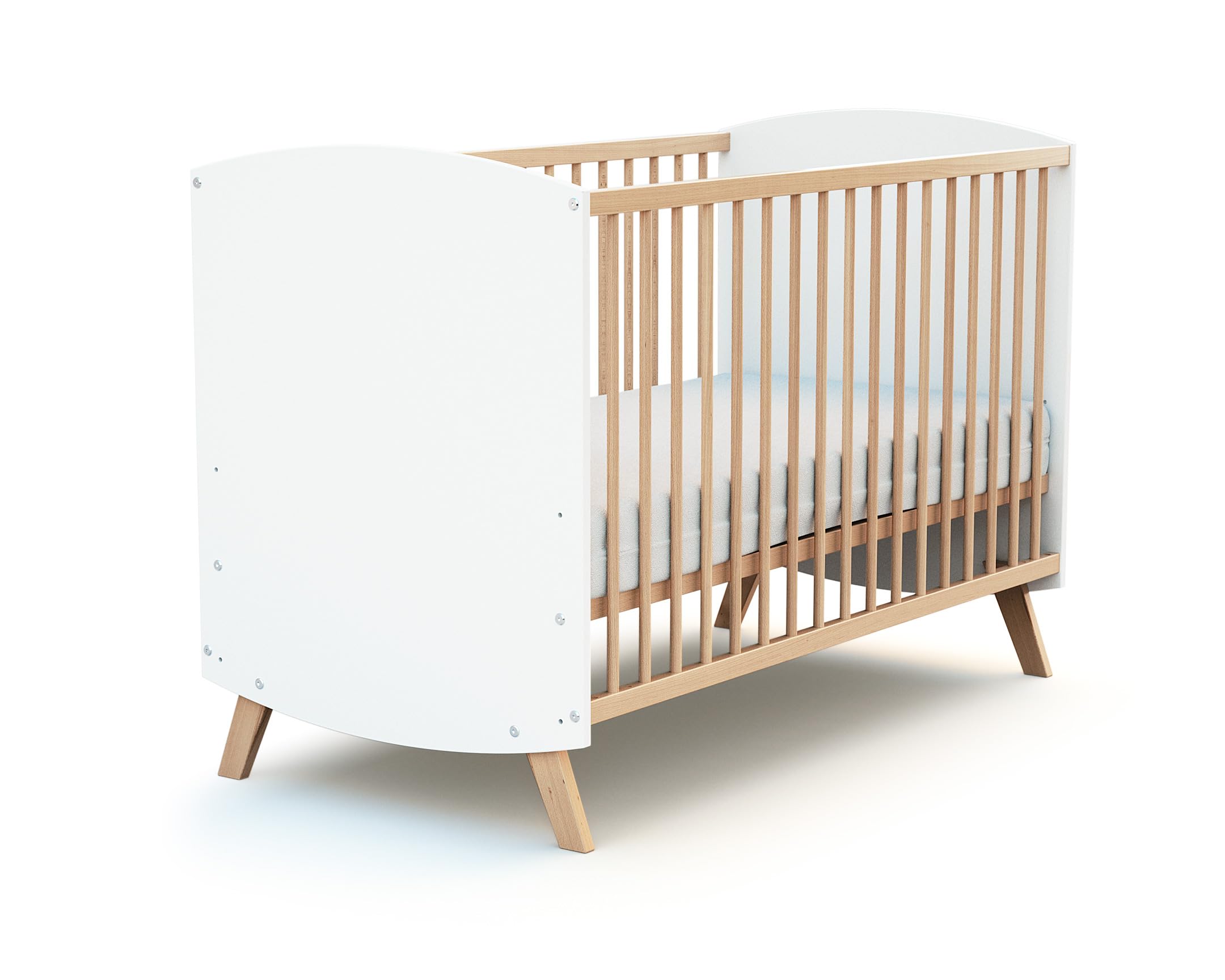 AT4 - Lit bébé en bois 60 x 120 cm SCANDINAVE Blanc et Hêtre| en Bois | Dès la naissance | Confort de sommeil | Sommier à lattes | Lit à barreaux |Sommier réglable 3 hauteurs
