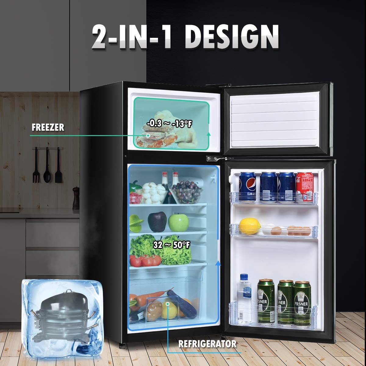 KOTEK Mini Fridge with Freezer, 3.4 Cu.Ft Compact Refrigerator/Freezer Cooler w/ 7 Settings Temperature Adjustable, Small Refrigerator with 2 Doors for Bedroom/Dorm/Apartment/Office (Black)