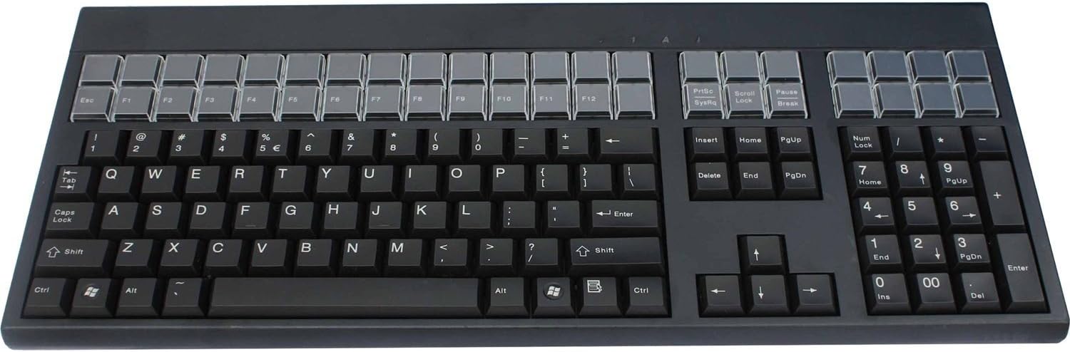 Cherry Electronics G86-71400EUADAA LPOS Keyboard, USB Interface, QWERTY US Key Layout, 131 Programmable and 42 Relegendable Keys, 17.4" W x 7.2" D x 1.3" H, Black