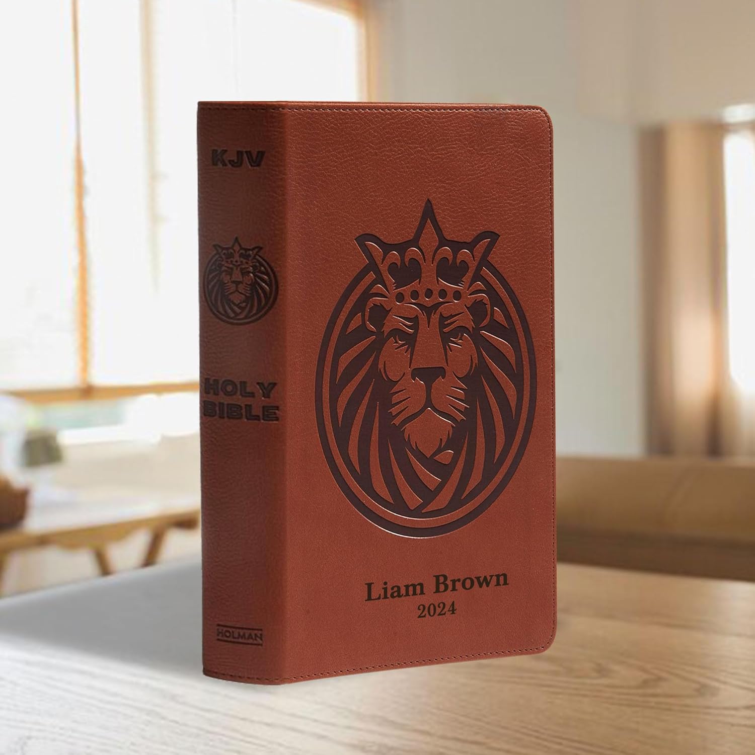 Personalized KJV Kids Bible Brown Faux Leather Large Print Size with Royal Lion Design | for Church, School, or Bible Study - Custom Name Engraving | Ideal for Christian & Religious Celebrations