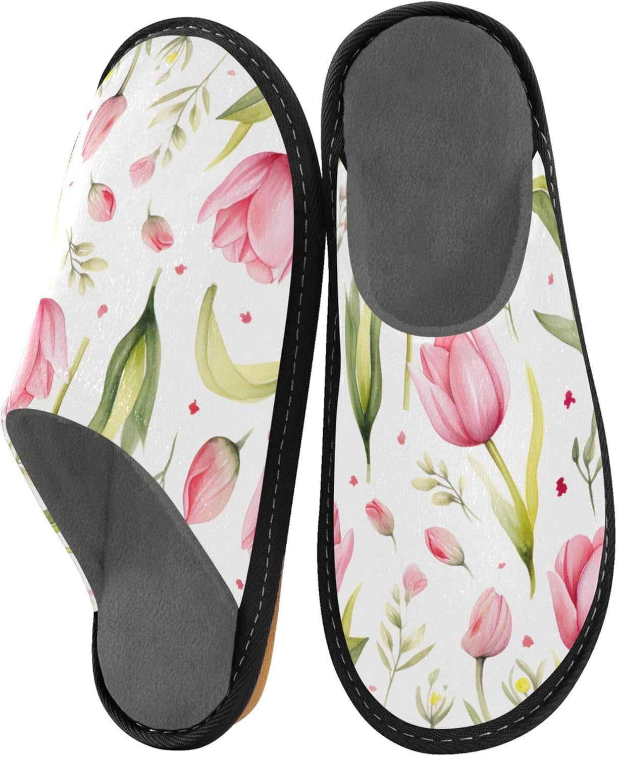 Pink Tulip Flower House Slippers – Cozy Fuzzy Slippers for Guests, Washable & Disposable, Perfect for Shoeless Home, Spa & Hotel Use A111582