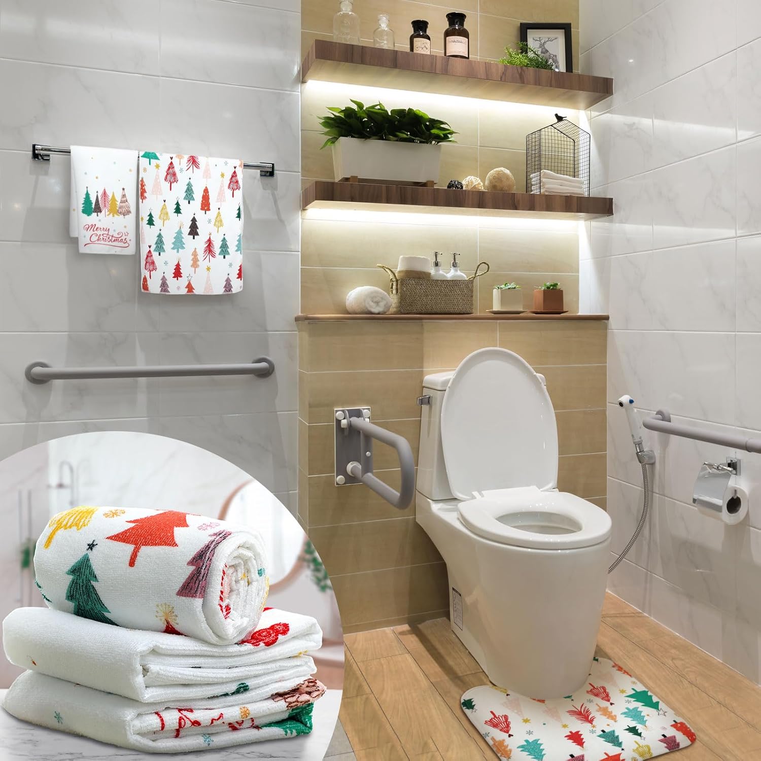 Newwiee 7 Pcs Merry Christmas Shower Curtain Set Christmas Tree Boho Themed Holiday Decor Xmas Tree Bathroom Shower Curtain Mats Towels Toilet Mat Waterproof Bath Accessories, 72x72 Inch