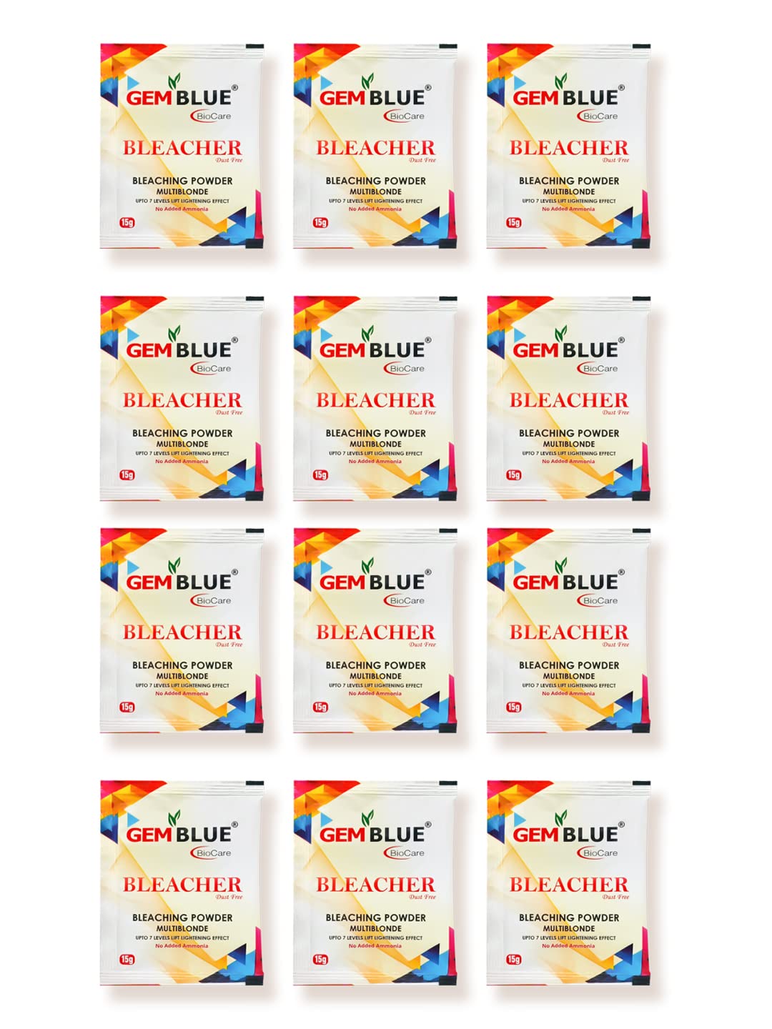 Gemblue Biocare Bleacher Powder | Dust Free Bleaching Powder | Multiblonde | Upto 7 Level Lift Lightening Effect | No Added Ammonia (15gm X 12 - 180gm)
