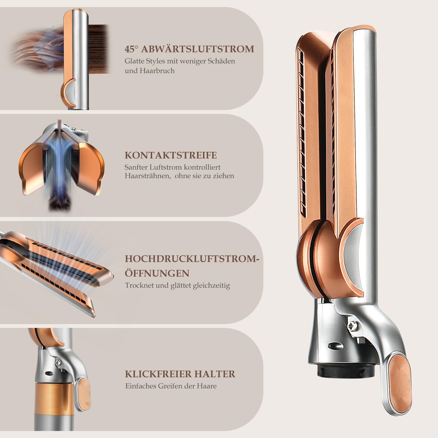 Haarglätter Aufsatz für Dyson Airwrap, Kompatibel mit HS01/HS05/HS08, Airflow Technologie ohne Heizplatten, Gleichzeitiges Trocknen und Glätten mit Luftstrom, Reduziert Hitzeschäden, Kupfer