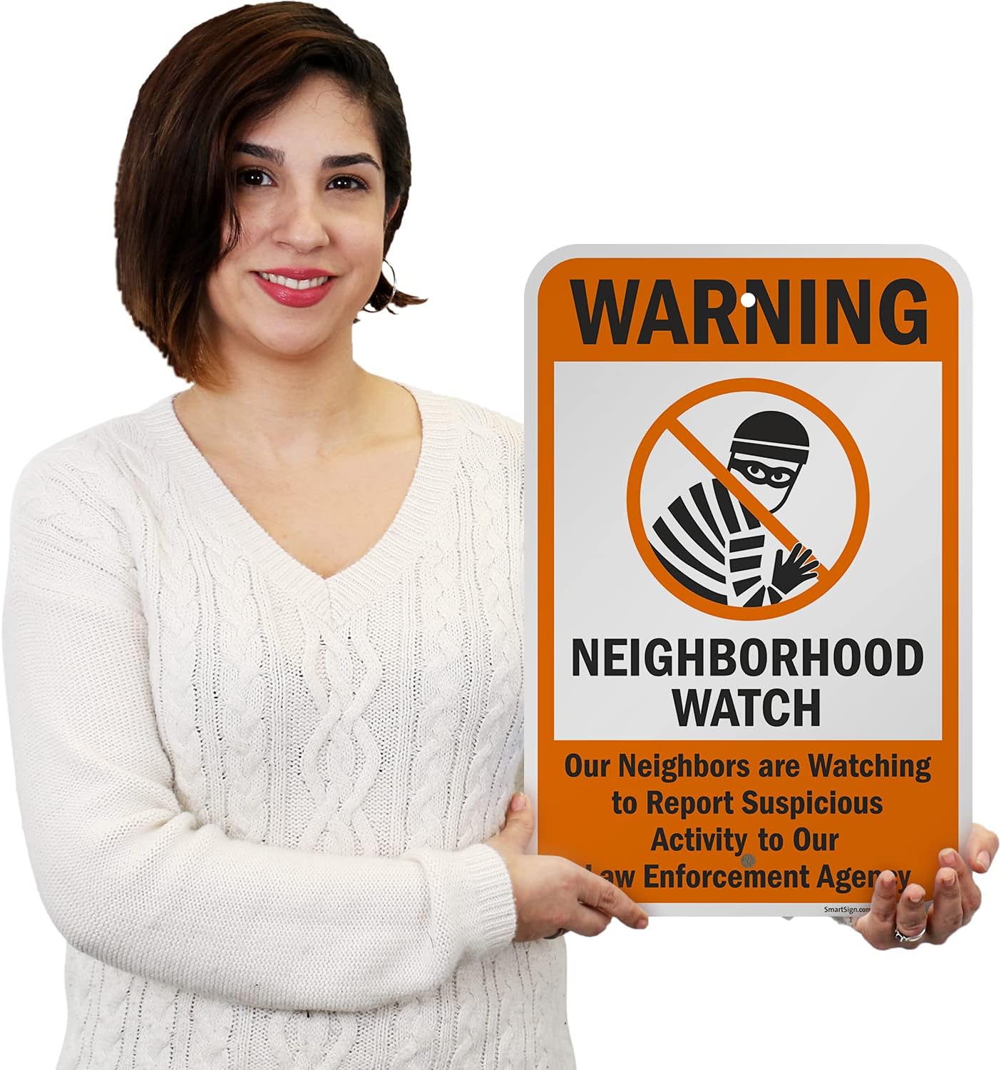 SmartSign 18 x 12 inch “Warning - Neighborhood Watch, Report Suspicious Activity” Metal Sign, 63 mil Laminated Rustproof Aluminum, Orange, Black and White