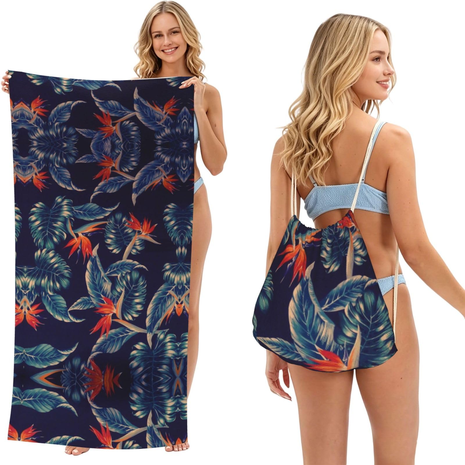 SATUSA Hawaii Tropical Flower Print 2-In-1 Foldable Beach Towel Backpack – Camping, Yoga And Travel,Bath Towel With Built-In Storage, Convertible Beach Mat & Carry Bag