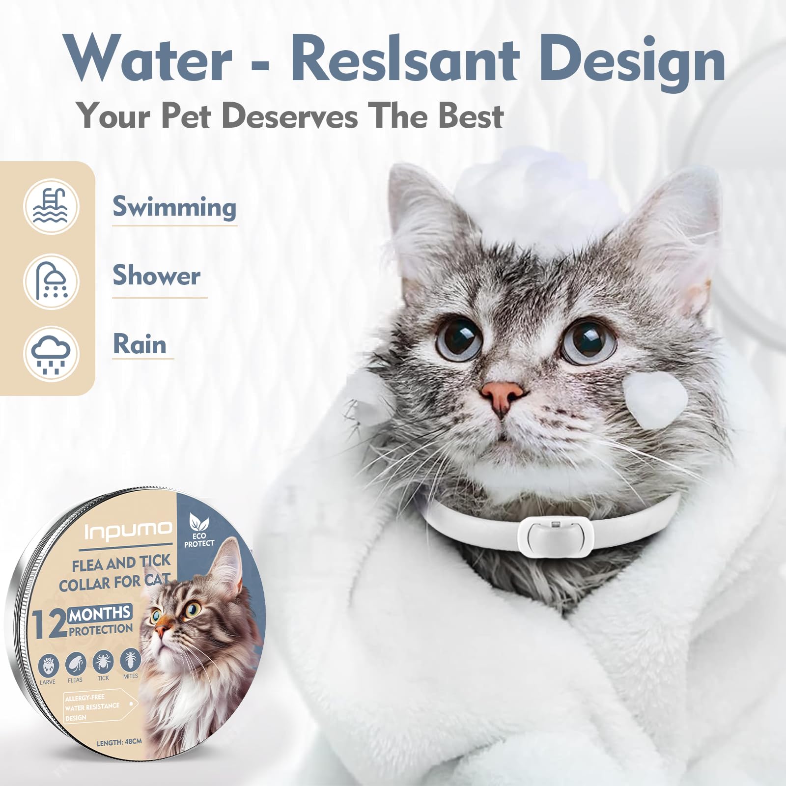 Collar Antiparasitario Gatos, Protección de 24 Meses, Ajustable, Impermeable, Ideal para Gatitos, Collar Antiparasitario Gatos Medianos y Grandes (48 cm)