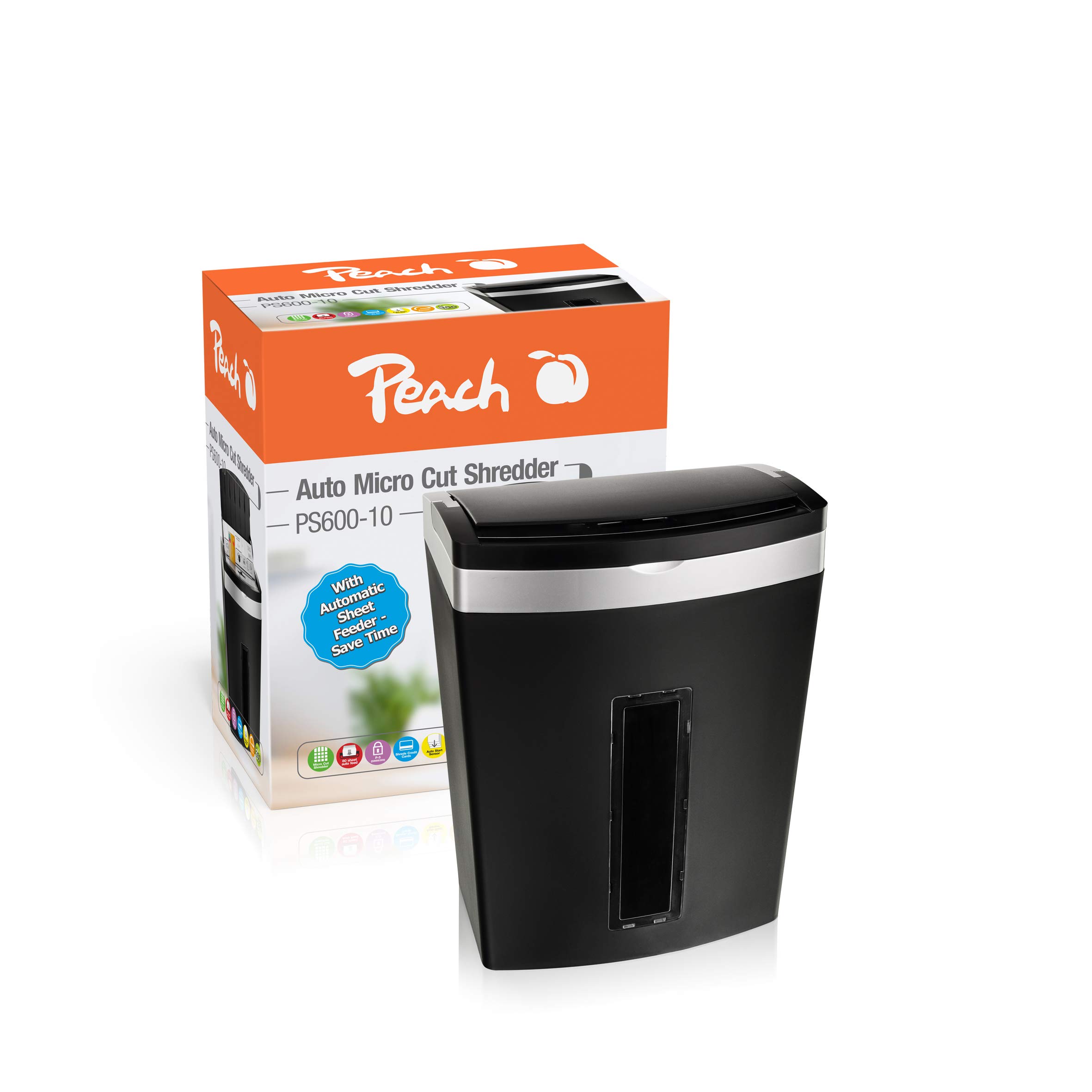 Peach Distruggidocumenti a microtaglio P5-90 fogli, 20 litri/250 DIN A4, dimensioni particelle 3 x 10 mm (P-5), alimentazione automatica, funzionamento continuo 10 min/oltre 400 fogli, PS600-10A
