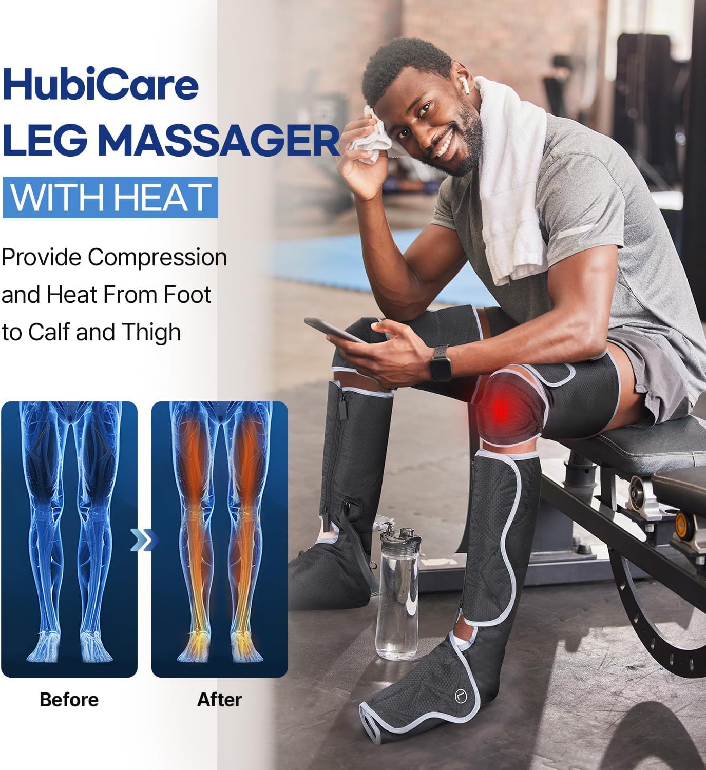 A man wearing the HubiCare leg massager, demonstrating how it covers the foot, calf, and thigh areas.