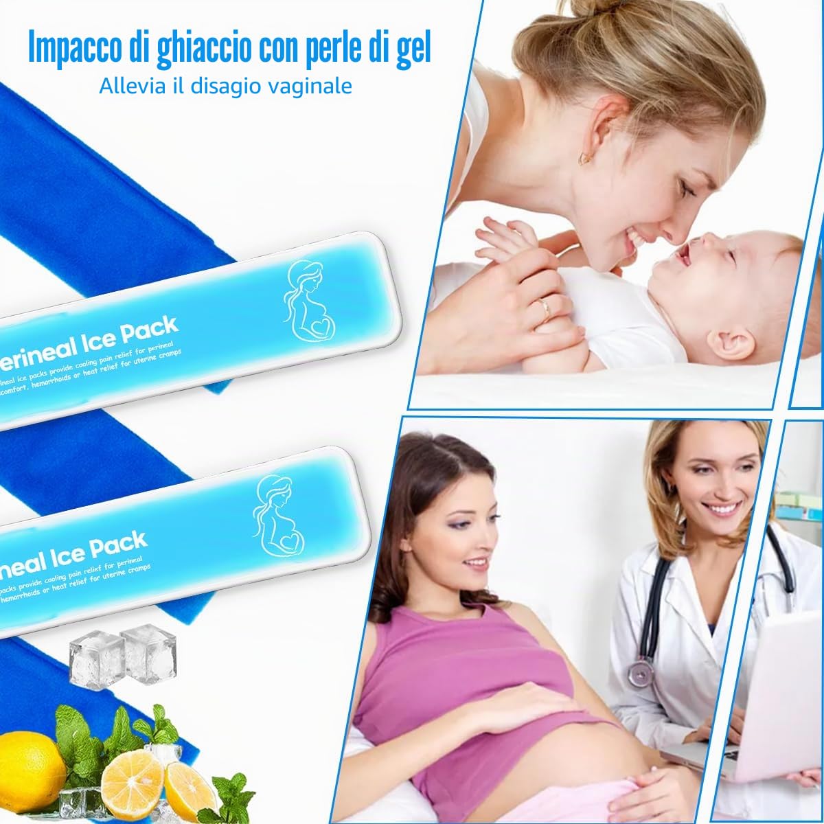 Impacchi di ghiaccio perineali riutilizzabili, emorroidi postpartum, cura del recupero del parto, 2 cuscinetti in gel + 3 maniche lavabili (blu)
