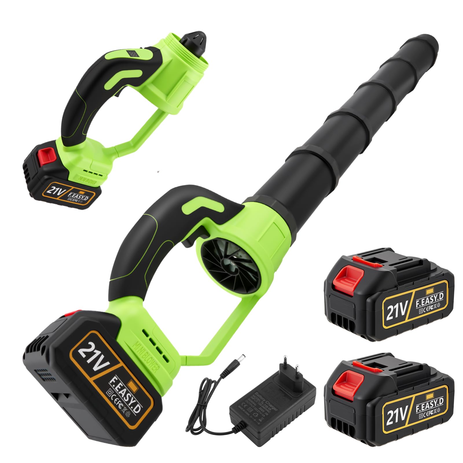 Soffiatore batteria 21 V, soffiatore di fogli senza fili con 2 batterie e caricabatterie, 30000 giri/min, per soffiare foglie, neve, polvere e detriti (verde)