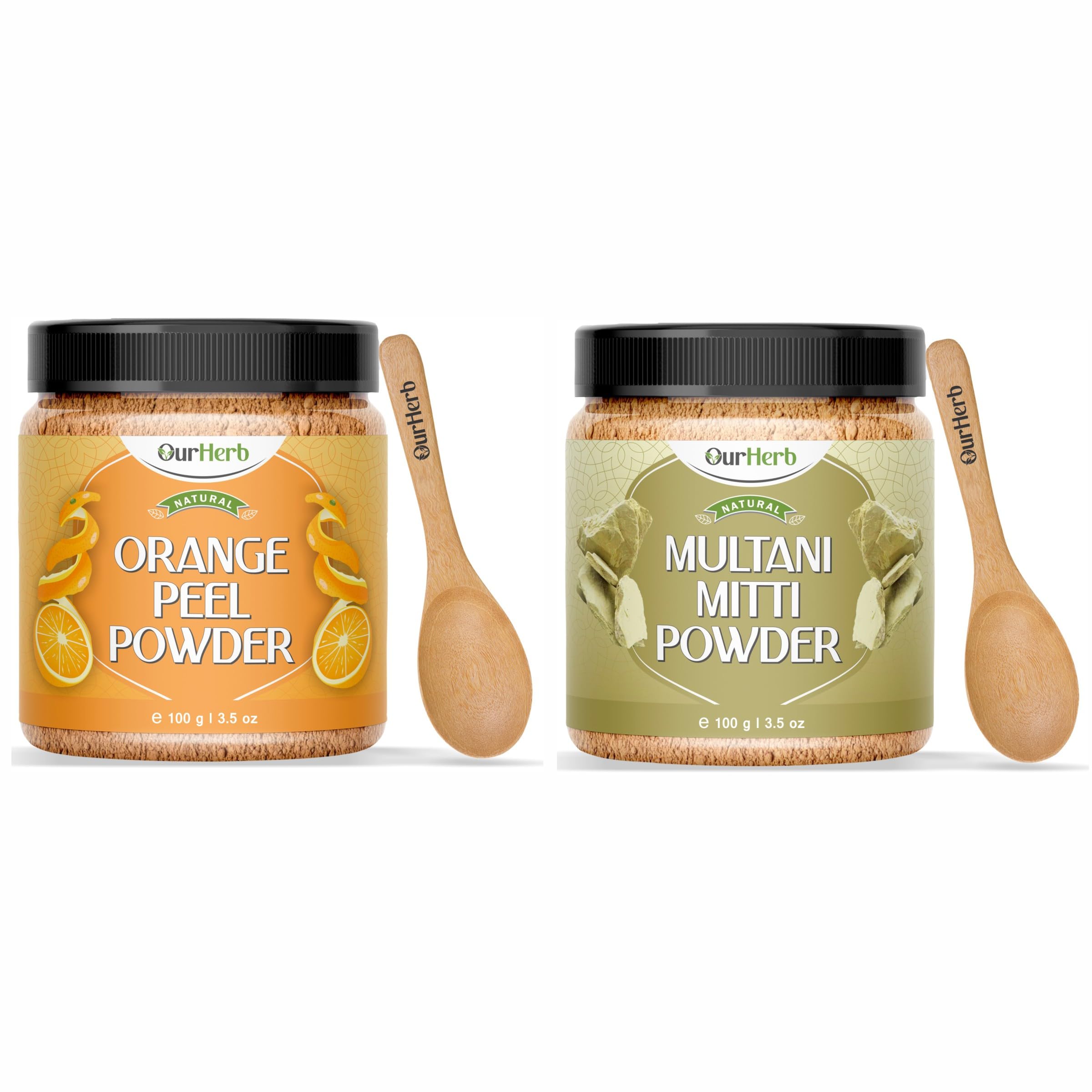 OurHerb Orange Peel + Multani Mitti Powder | Face Pack Pure & Natural Skin Whitening | Face mask and Facial | for All Type of Skin Care with Spoon Combo Pack - 200g (100g X 2)