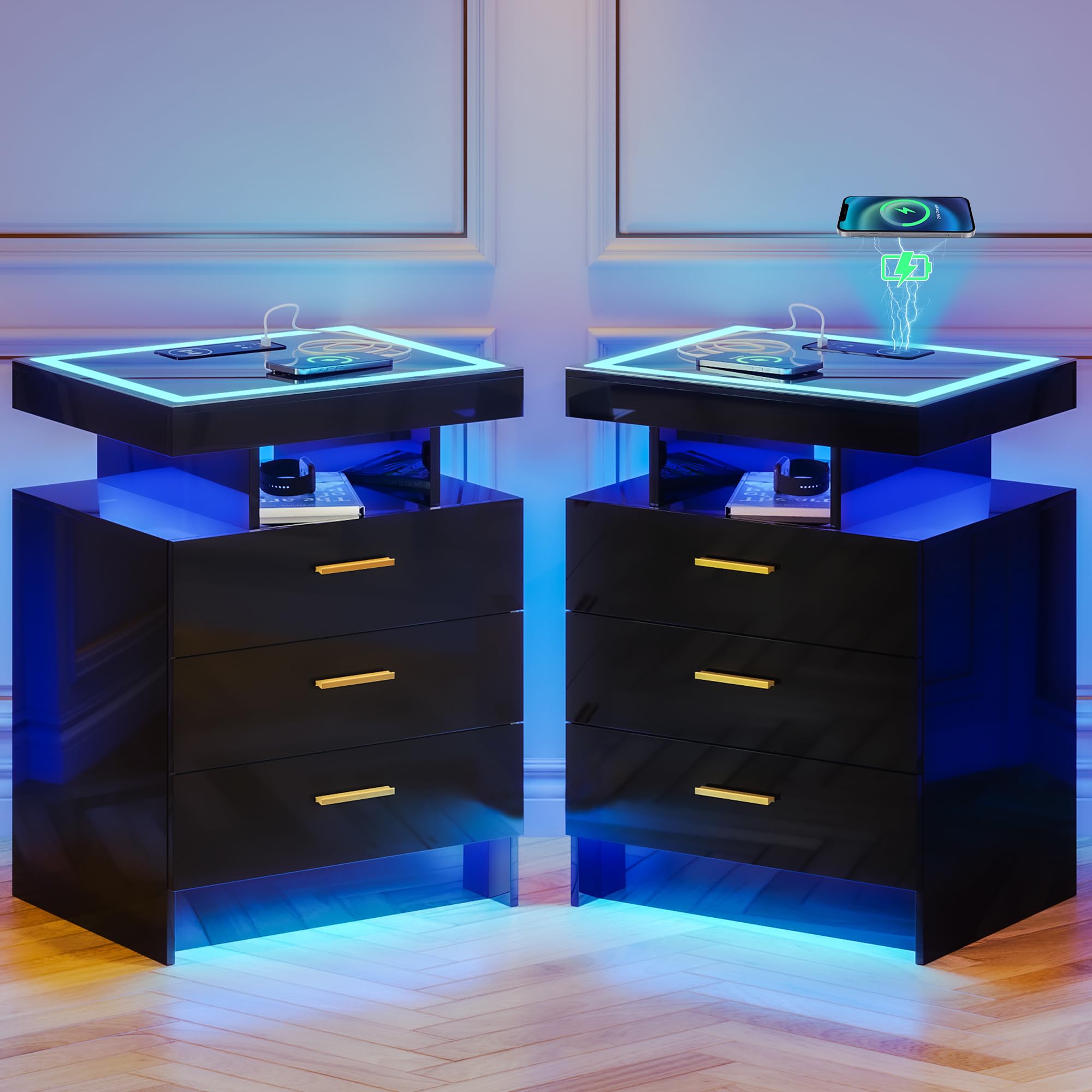 Lvifur Nachtschrank 2er Set mit Beleuchtung,Smart Nachtschrank mit 3 Licht Dimmbar, Hochglanz Sideboard mit Ladefunktion 3 Schubladen USB Type-C Automatischer Sensor Schlafzimmer Schwarz