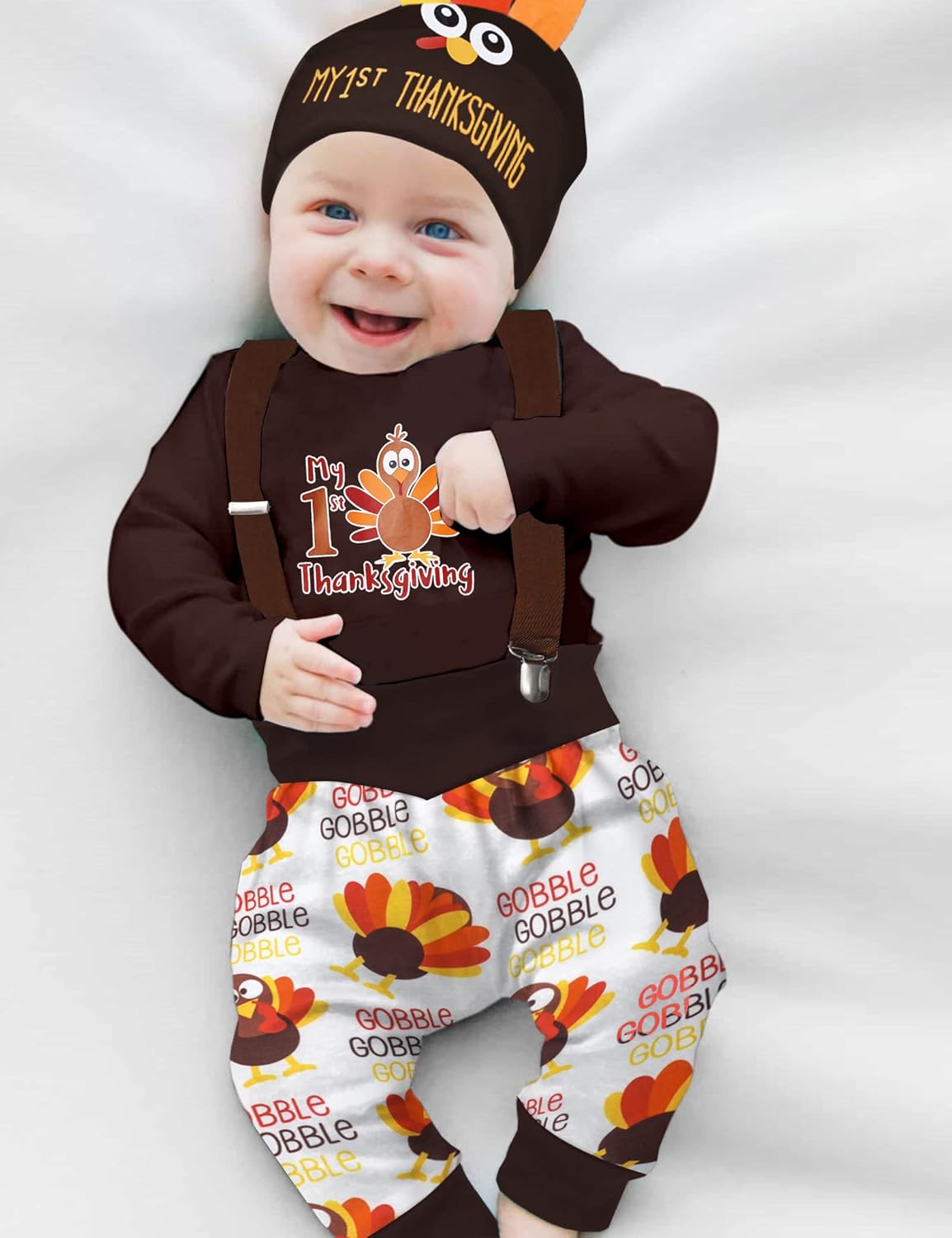 KANGKANG My First Thanksgiving Baby Boy Romper Outfit Newborn Boy Clothes Turkey Romper + Suspender Pants with Hat - Image 2