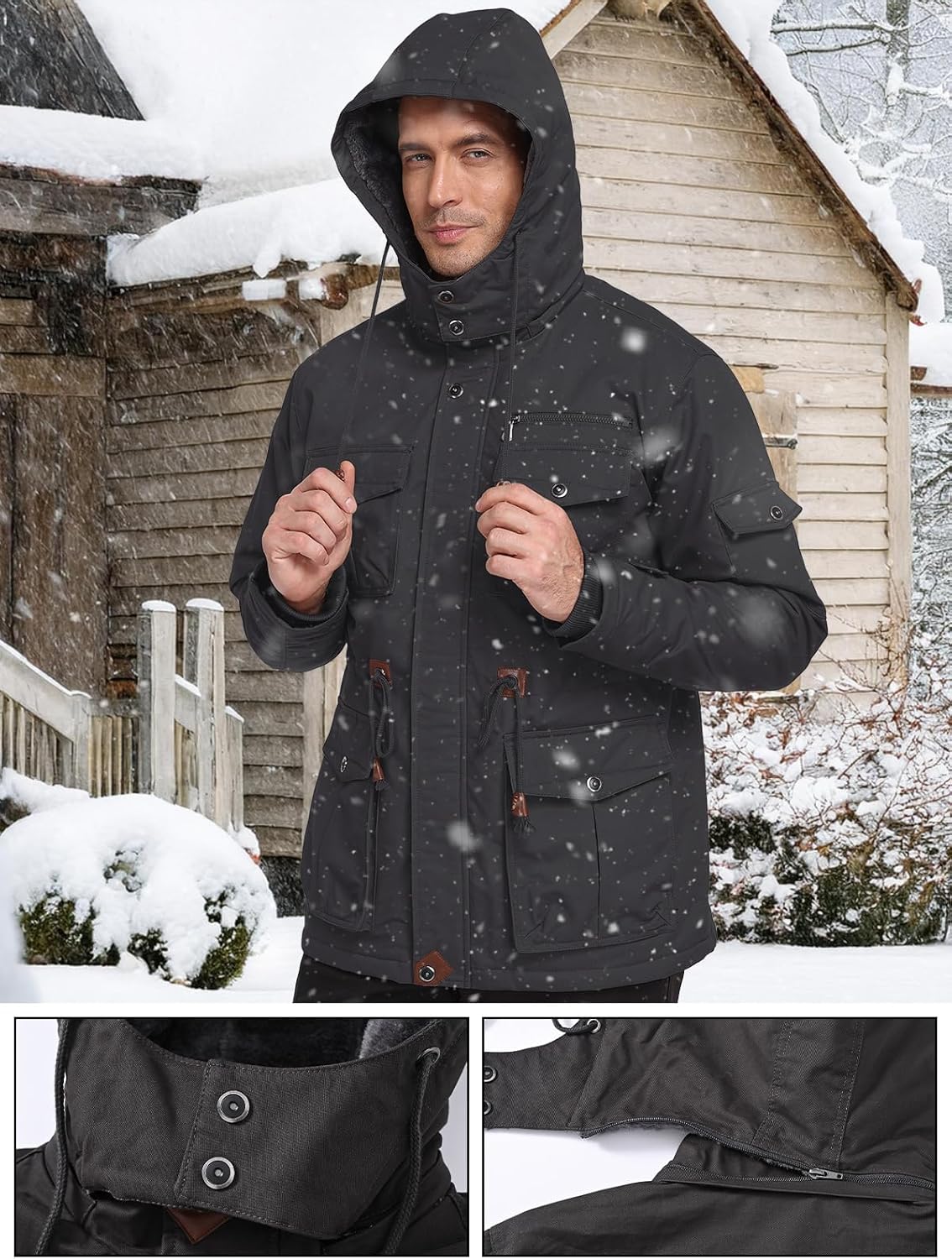 SPOSULEI Winter Jackets for Men Cotton Work Fleece Lined Army Jacket Winter Military Coat with Multi-Pockets Black M - Image 2