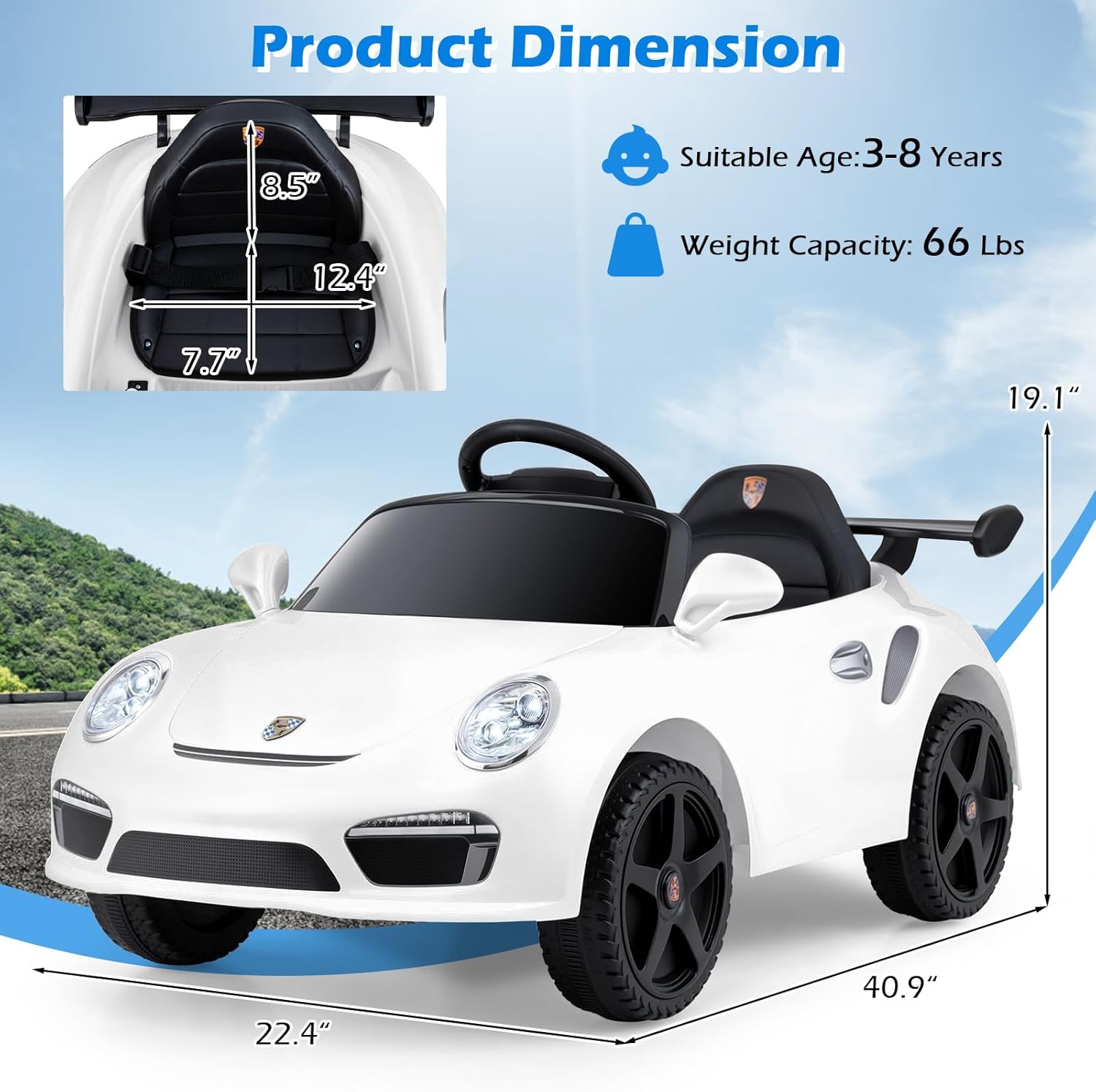Licensed RUF Porsche 12V Ride on Car by INFANS, Electric Vehicle Battery Powered with Remote Control, Headlight, Bluetooth, Power Display, 4 Wheeler Toys for Kids Girls Boys, White