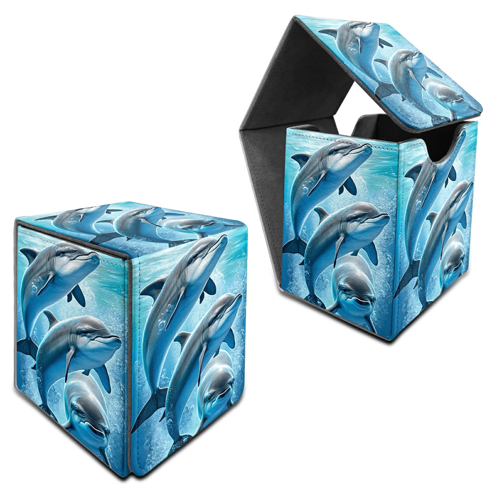 RWUTYTIUL for MTG Commander Deck Box, Card Storage Box Fits 100+ Sleeved Cards, PU Leather Large Size Strong Magnet Card Deck Case Holder for Board Game Magic MTG TCG CCG, Dolphins