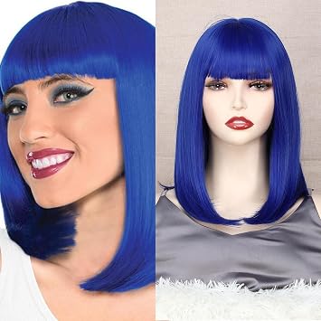 14 Inch Short Bob Wigs with Bangs, Straight Bob Wigs for Women Natural Looking, Synthetic Short Bob Wigs Heat Resistant Fiber Wigs for Daily Party Cosplay Blue