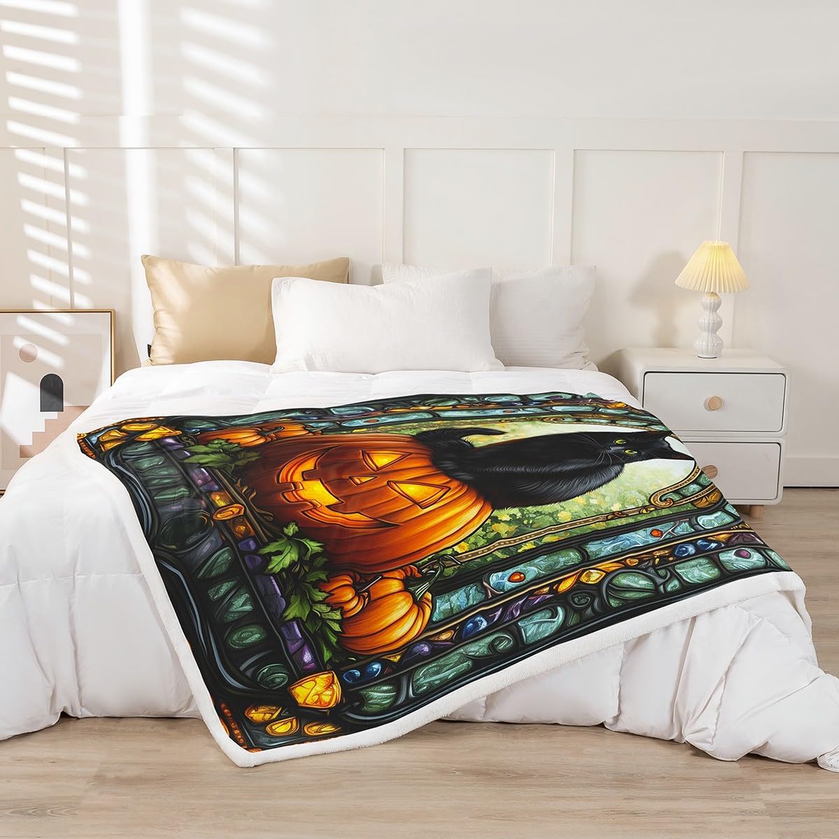 Manfei Black Cartoon Cat Kids Throw Blanket,Pumpkin Lamp Happy Halloween Gothic Girls Boys Bed Blanket,Geometric Patchwork Fall Rustic Fuzzy Blanket,40 x 50 Inches