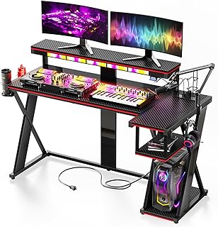 Bestier Computer Desk with Music Sync Light, Flow Vibe Corner Desk with Monitor Stand and PS5 Storage Shelves, Cup Holders, and Headset Hooks for Bedroom Small Space (Black RED, 57 Inch)