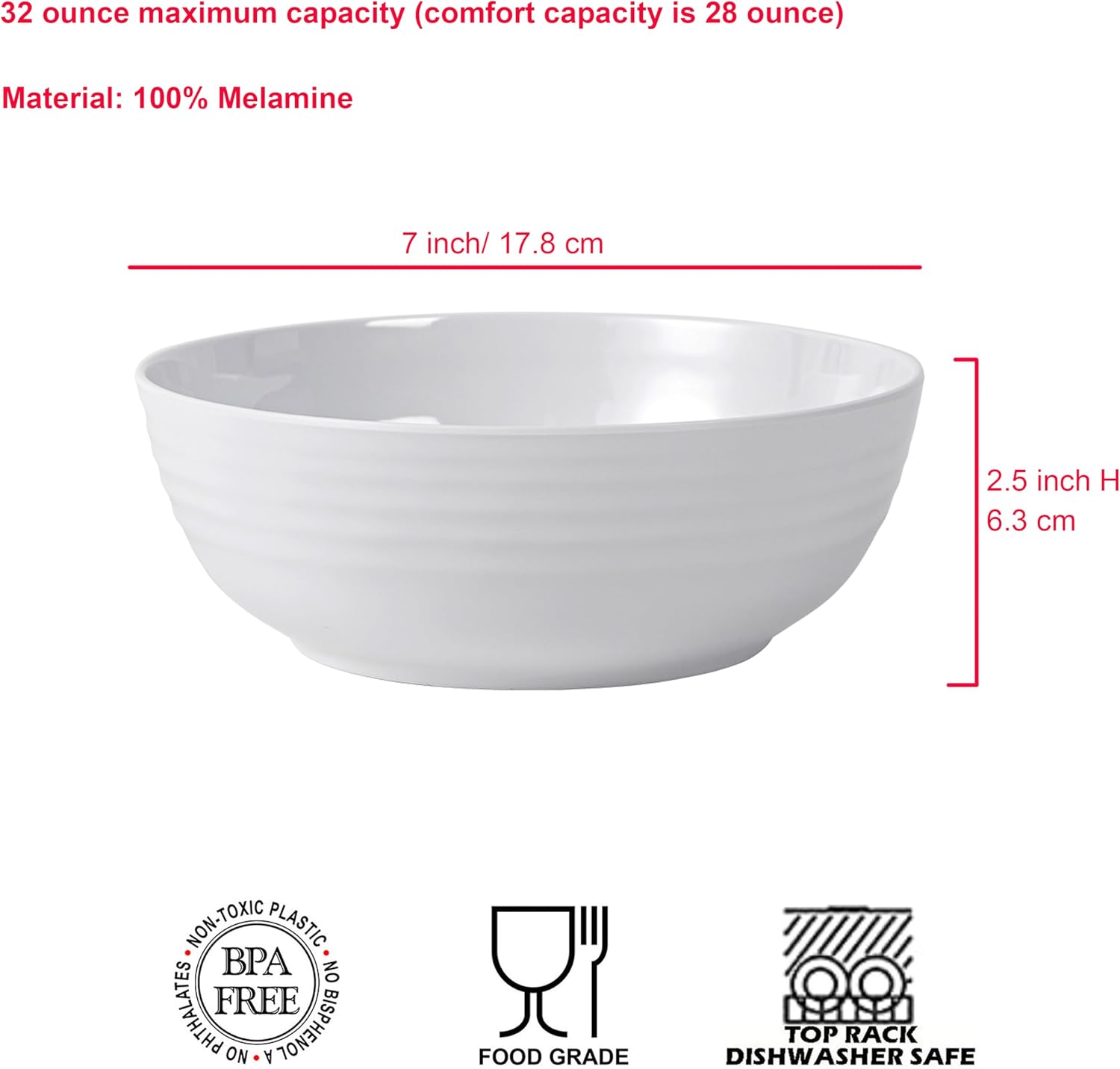 Melamine Cereal Bowls, Salad Bowls Soup Bowls, Shatter Resistant, 7 inch, set of 6 White